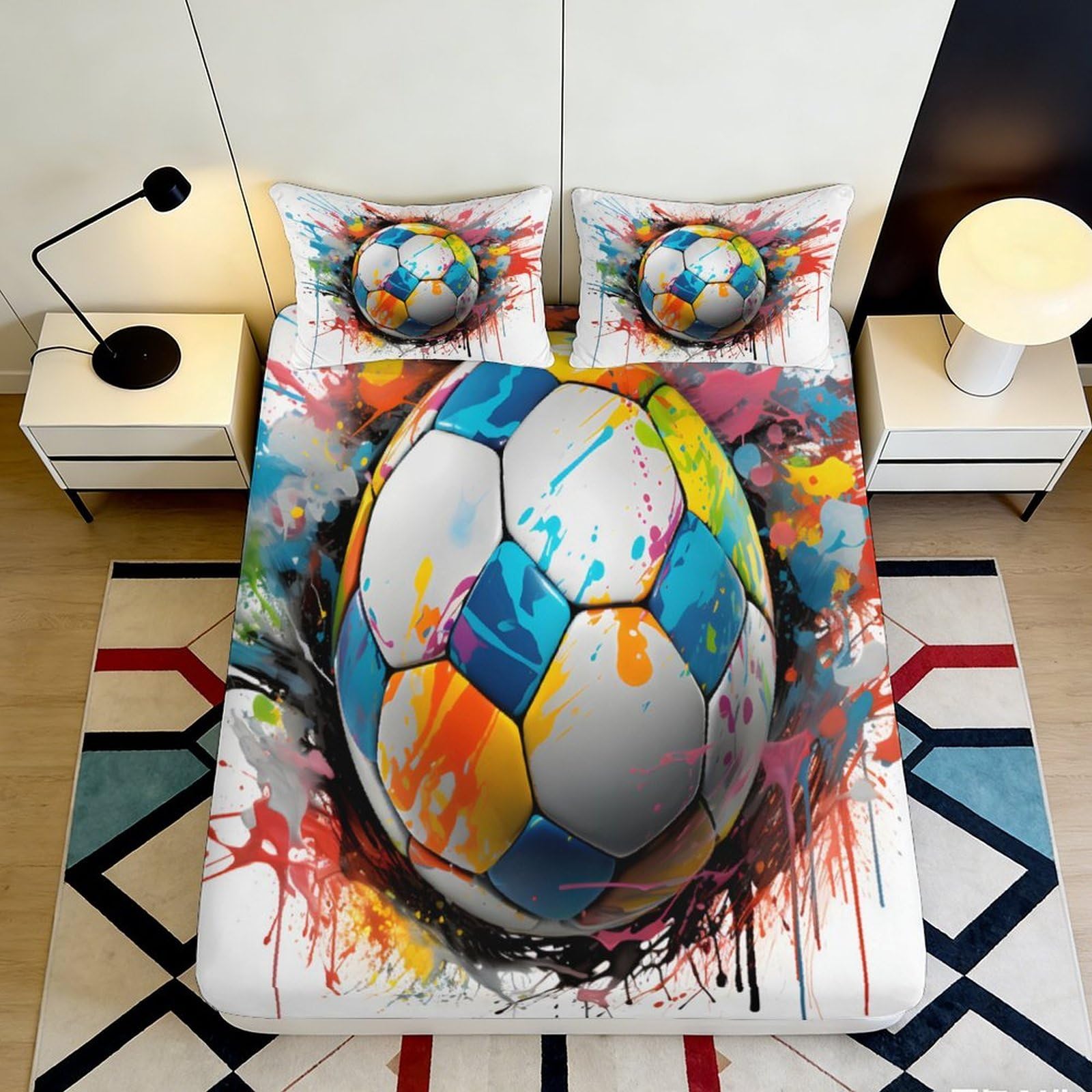 3D Printed Colourful Soccer Ball Fitted Sheet Microfiber Soft Artistic Graffiti Bed Cover for Bedroom Dorm Decor 90x200x25cm