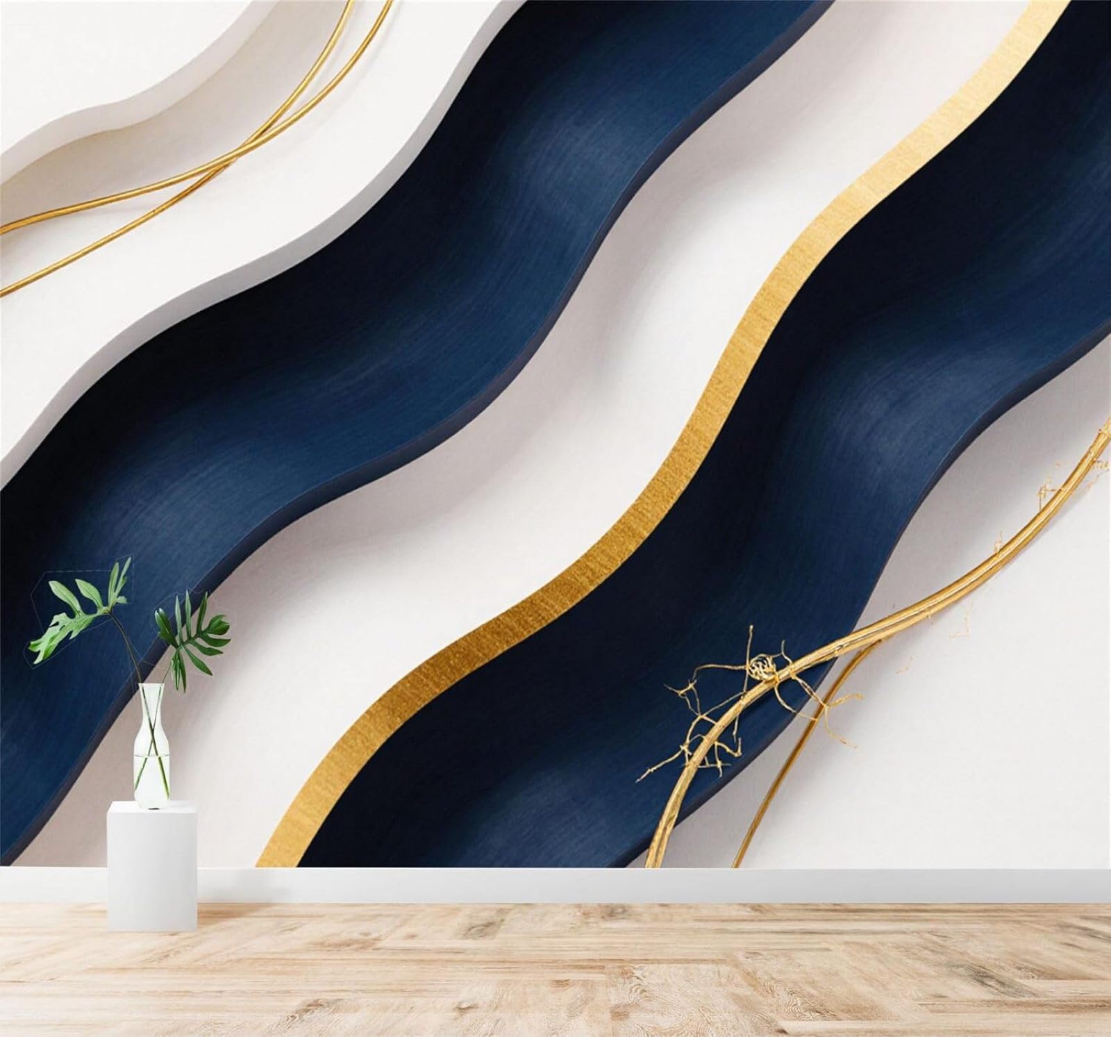 Tzxztt Abstract Luxurious Blue Gold Stripes Modern 3D Wallpaper Premium Textured Silk Neutral Tones Material Ideal for Living Room Bedroom-200cm×140cm