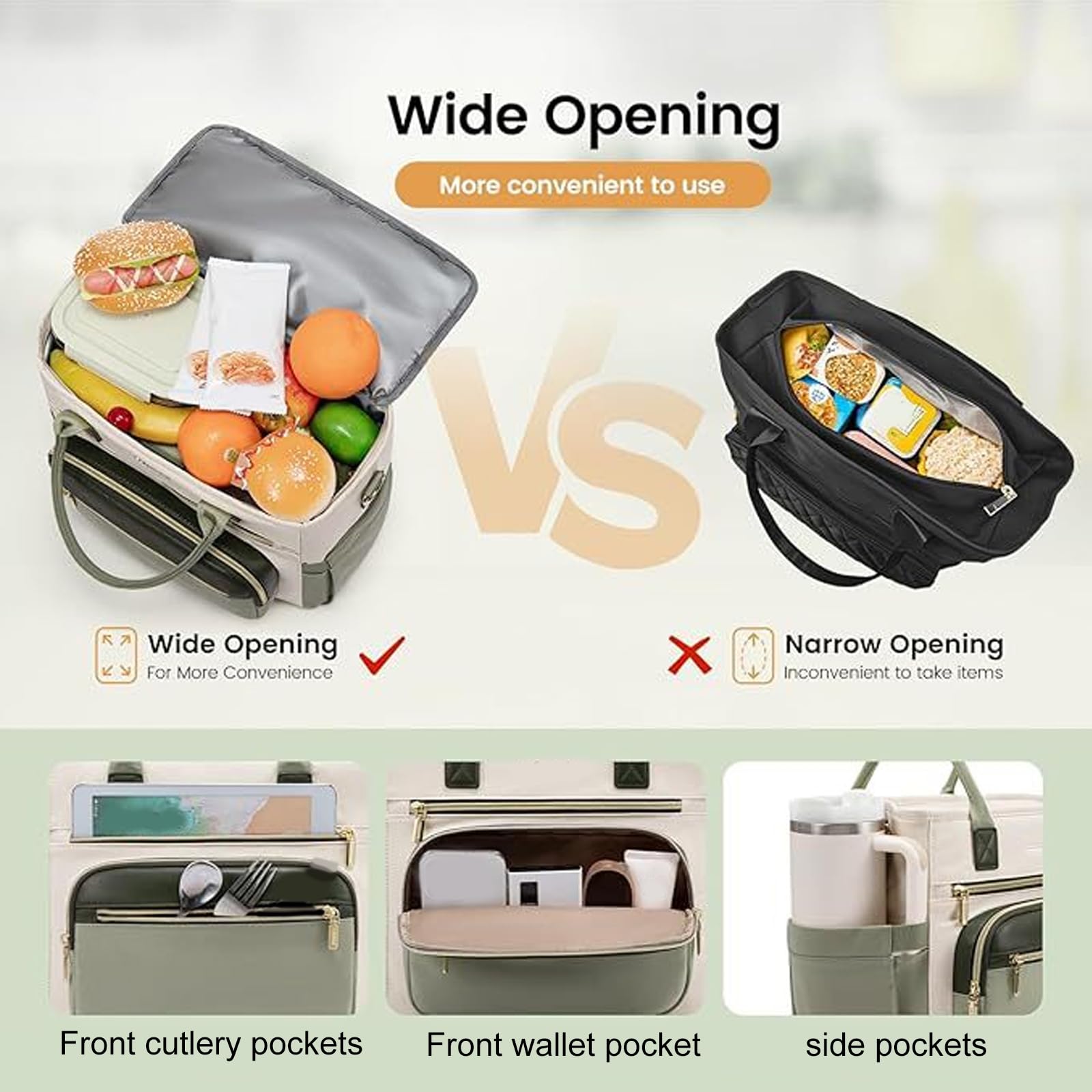 Bolsa isotérmica de almuerzo aislada con bolsillos delanteros, apertura ancha y correa de hombro ajustable, caja térmica para viajes al aire libre bolsa para oficina