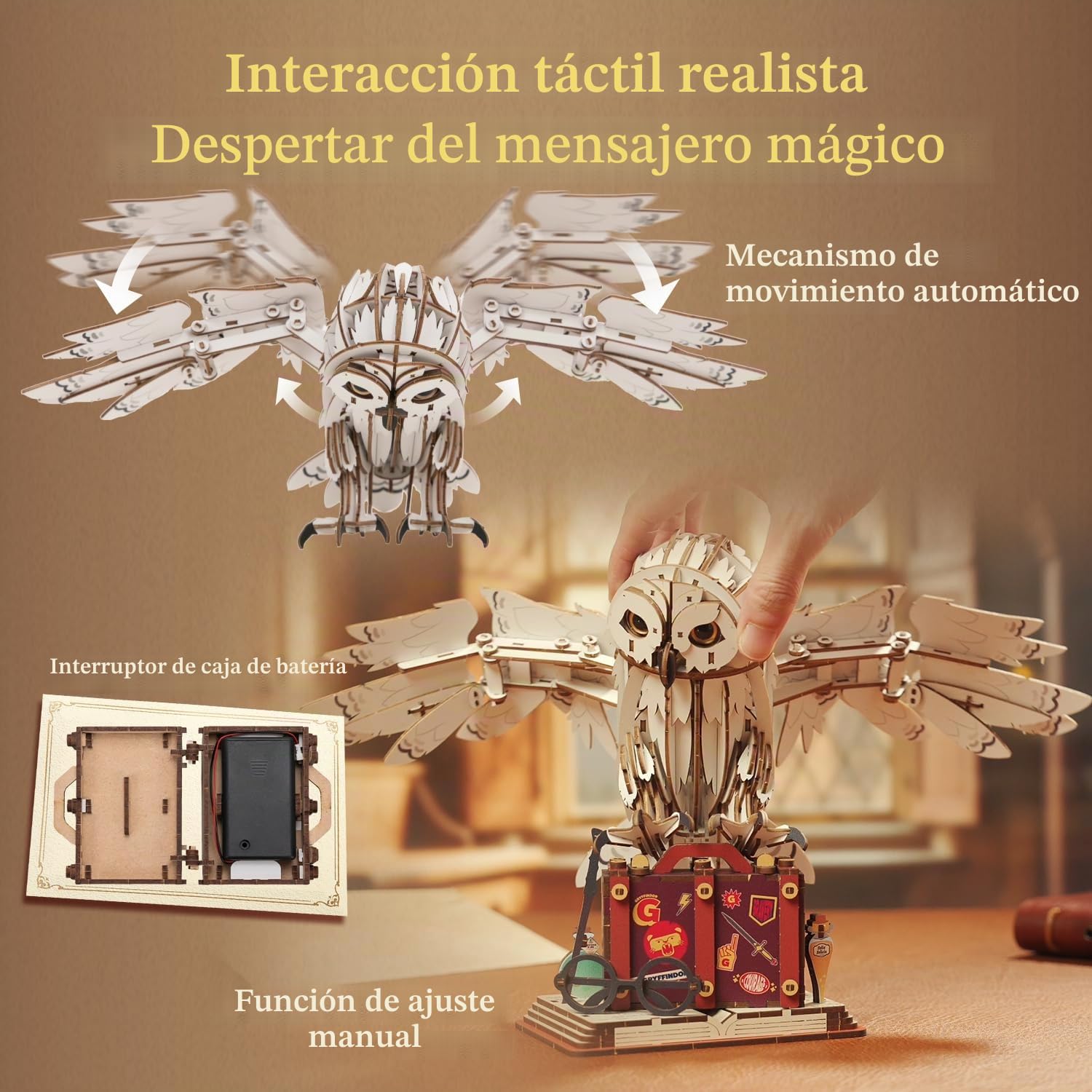 PUREMIND Harry Potter Hedwig, Puzzle 3D Madera, maqueta búho articulado DIY | Licencia oficial, regalo Harry Potter, alas móviles, cabeza giratoria, montaje DIY, acabado muy detallado, pieza de colección