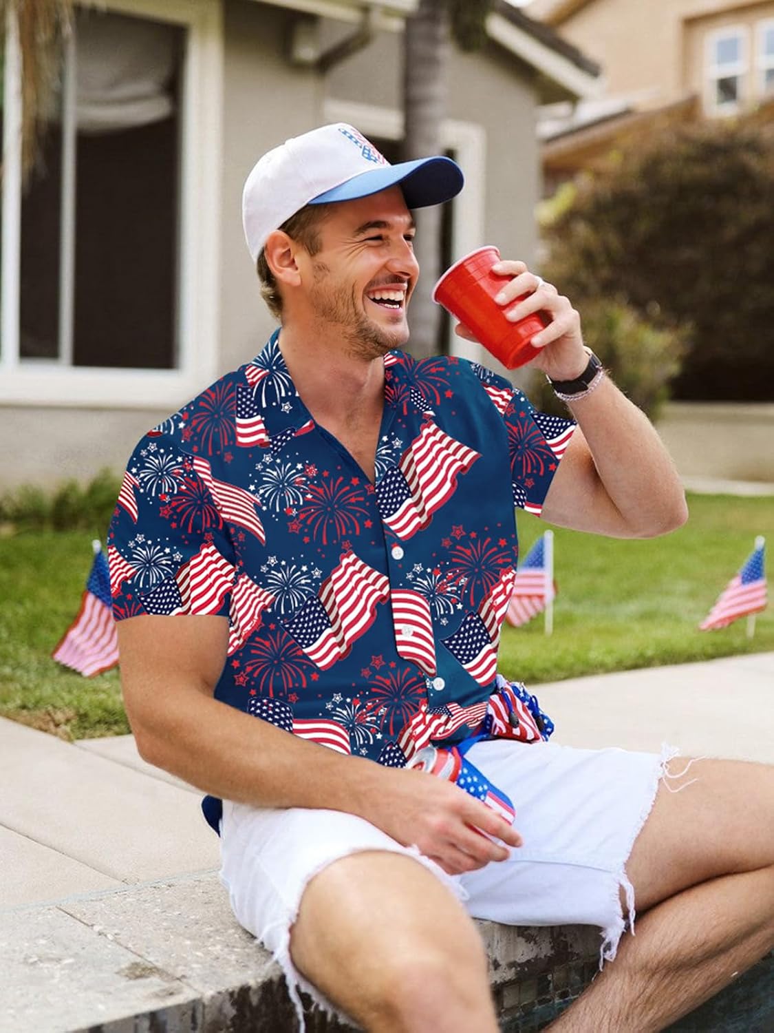 4th of July Hawaiian Shirts for Men American Flag Patriotic Short Sleeve Button Down Outfits - Image 6