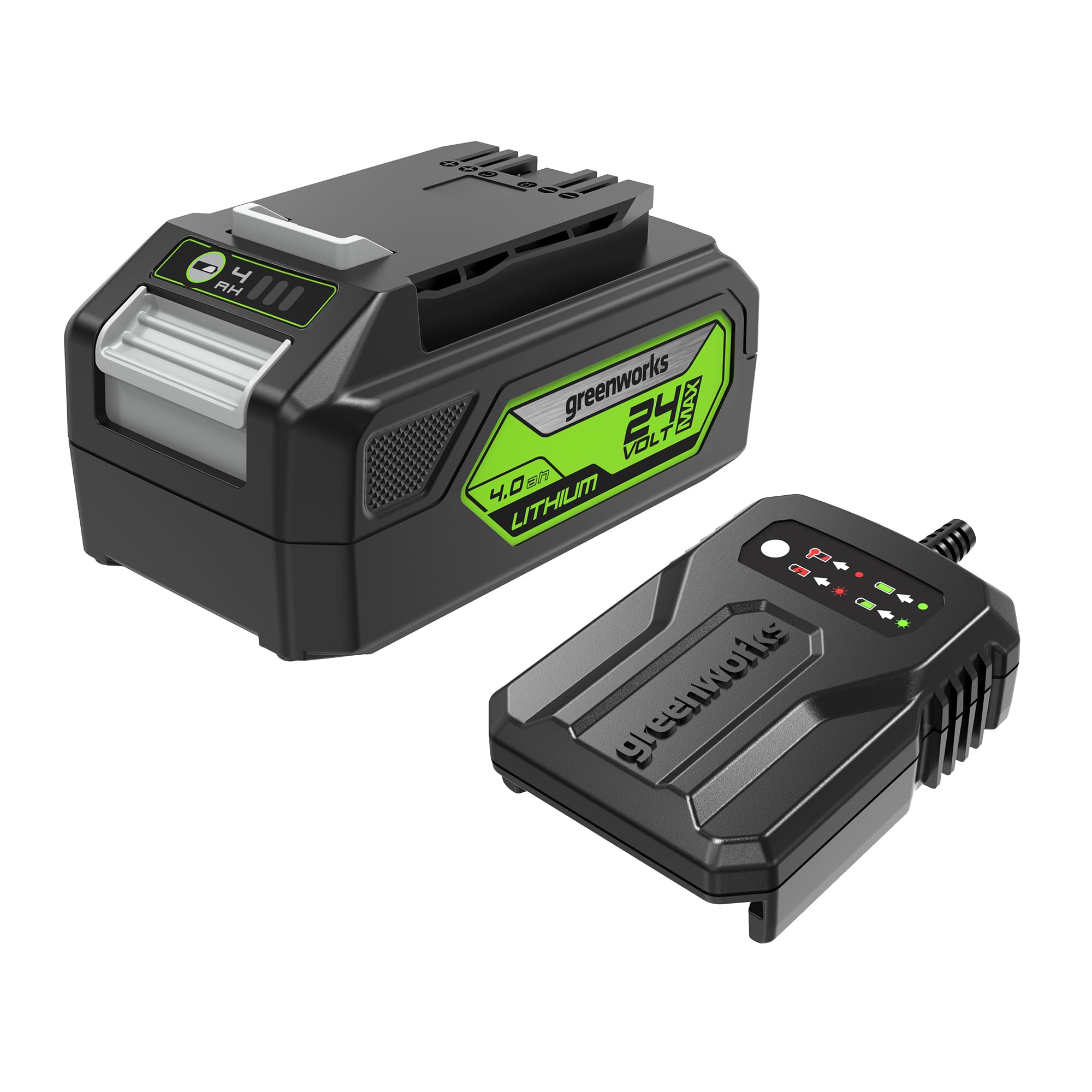 Greenworks 24V Battery and Charger. Original Greenworks Battery and Charger for All 24V Garden and Power Tools. 60W Output. 120mins Charge Time 4Ah Lithium-Ion Battery. Battery G24B4 & Charger G24UC