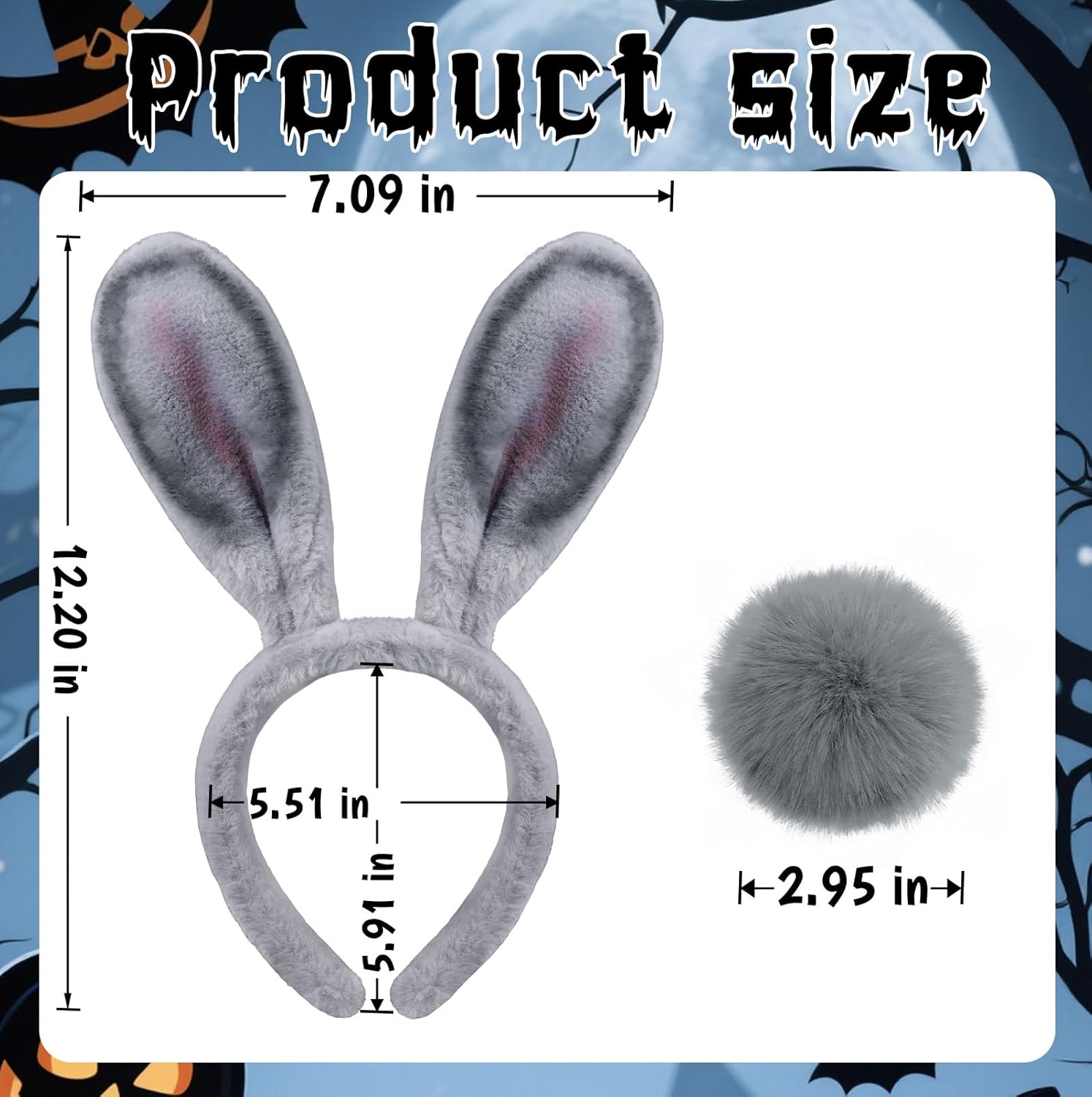 H-Style Gray Bunny Ears Headband and Tail Set for Bunny Costume Accessories Women Adult, Bendable Rabbit Ears for Halloween Cosplay Costumes - Image 2