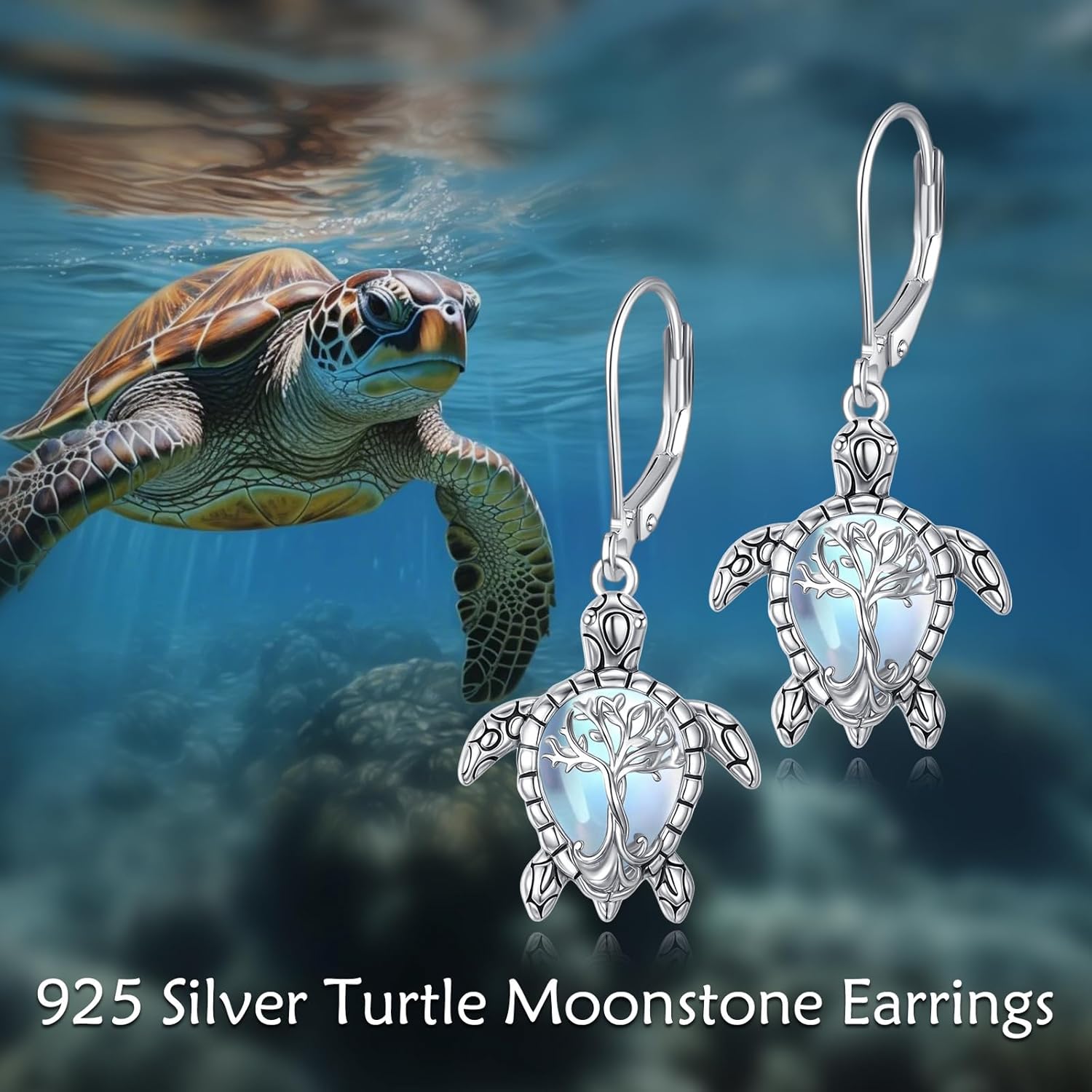 VONALA Sea Turtle Earrings for Women 925 Sterling Silver Moonstone Turtle Leverback Earring Ocean Jewelry Birthday Gifts for Her - Image 2