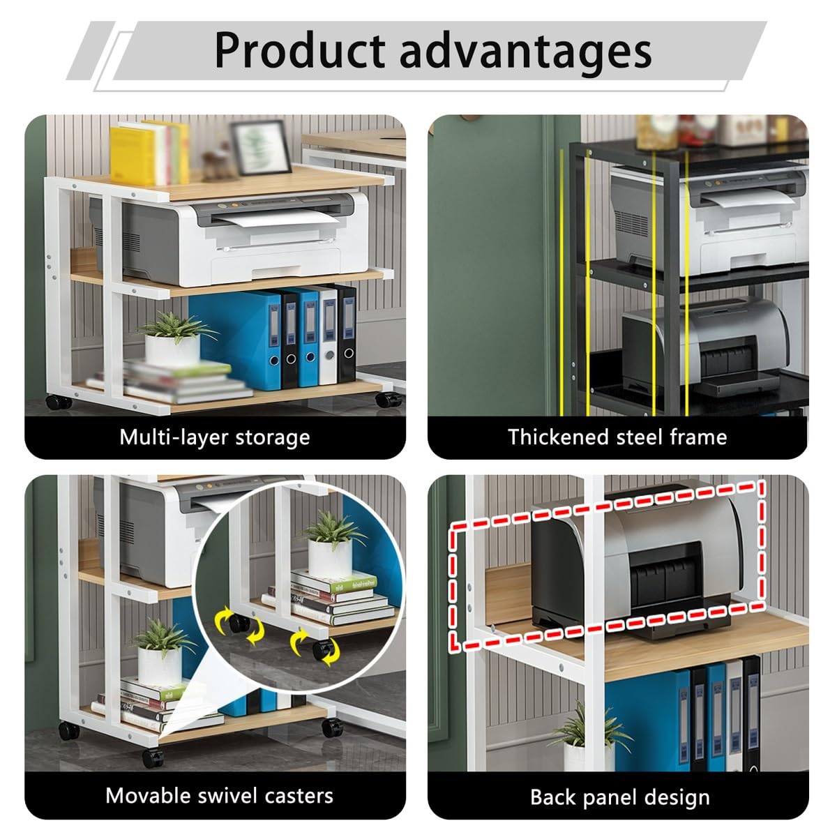 Supporto per stampante a 3 livelli con ruote girevoli, carrello portaoggetti mobile per forniture per casa e ufficio, ripiano multistrato, per cartelle e bidoni (legno, 65 x 49,8 cm)