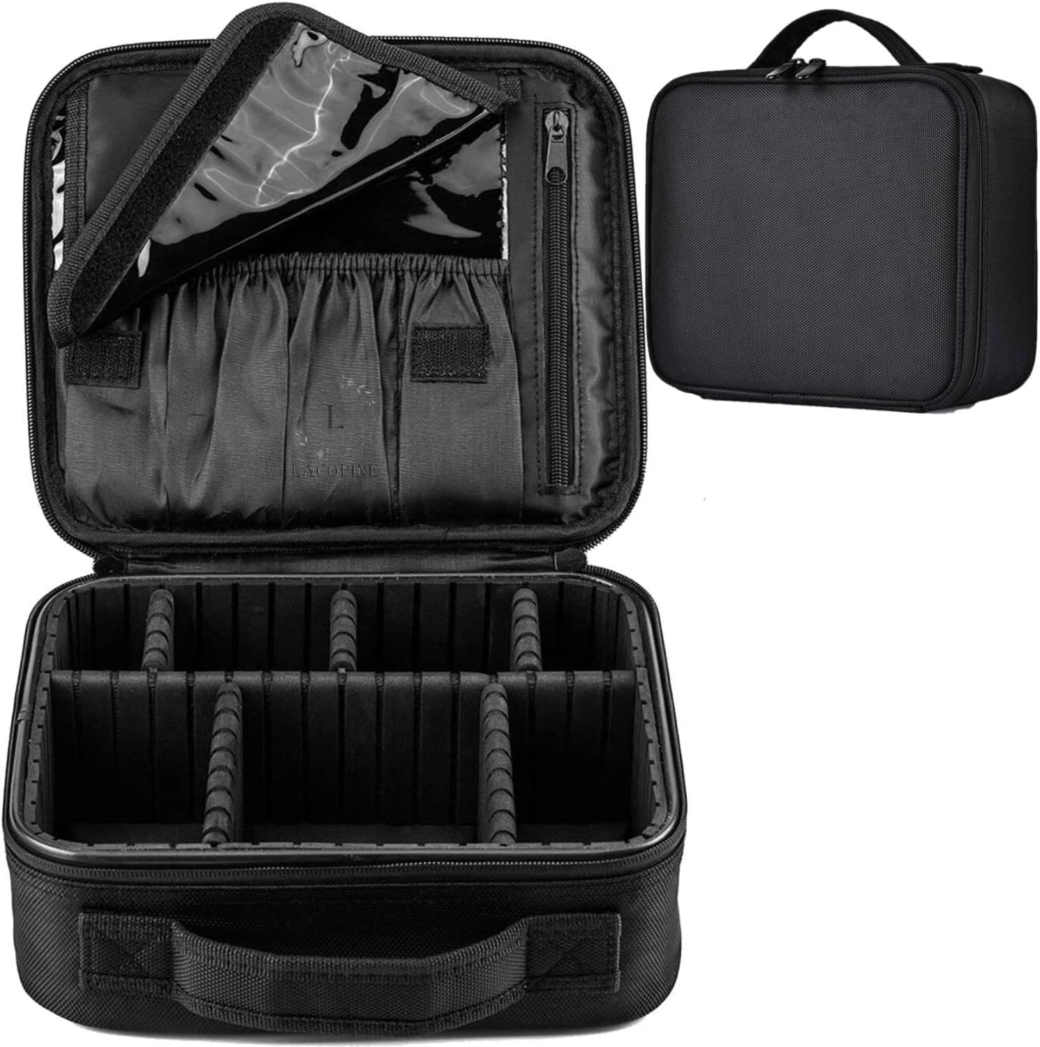 LACOPINE Nylon Travel Professional Makeup Case Organizer Bag/Travel Pouch For Women Portable Artist Storage Makeup Brush Bag With Adjustable Dividers (Black, 10 Inch (1 Layer))
