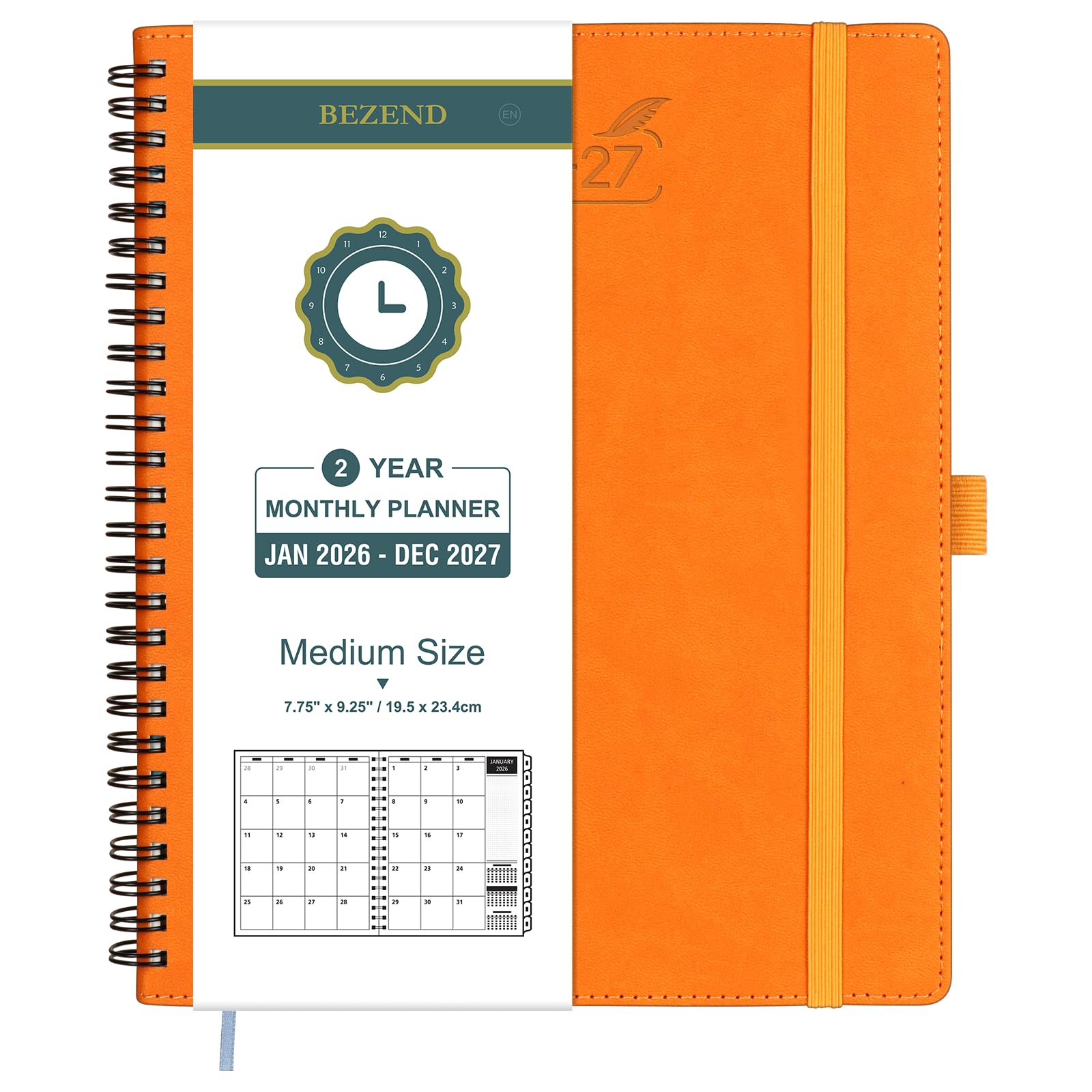 BEZEND Month to View Diary 2026-2027 with Notes (Jan 26 - Dec 27), Monthly Planner 23.4 x 19.6cm - 120 GSM Thick Paper, 2 Year Spiral Calendar with Tabs & Storage Pockets, Soft Cover, Orange — image 1