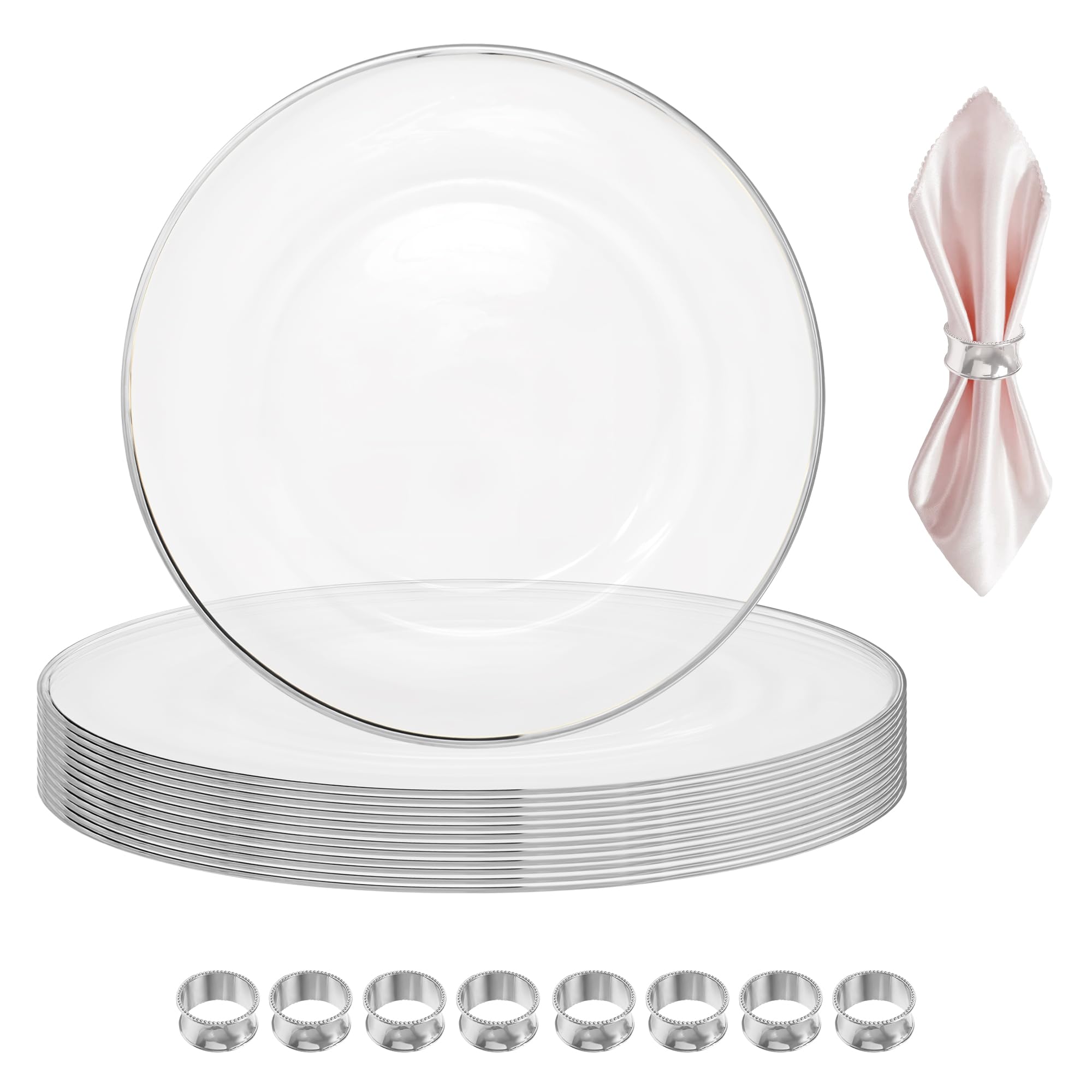Set di 50 eleganti sottopiatti in acrilico da 33 cm con bordo argentato e 50 portatovaglioli martellati, decorazione per tavolo da pranzo per matrimoni, feste ed eventi speciali, 24 pezzi
