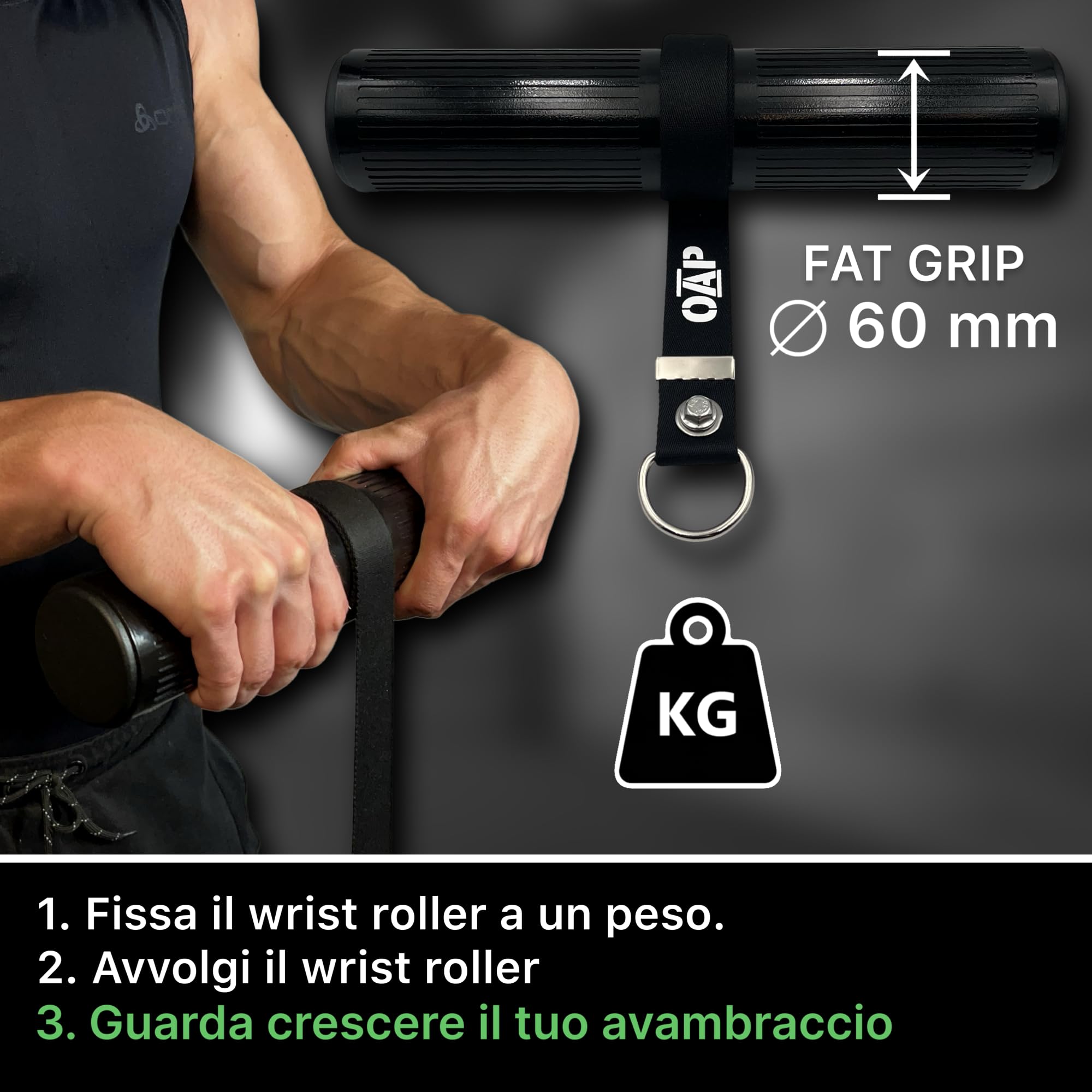 OAP Premium ⌀60 mm Fat Grip Wrist Roller – Rullo presa spessa per forza avambraccio, mano, 100% Made in Germany, compatibile con pin carico e pesi liberi – Ideale per palestra, home gym, allenamento