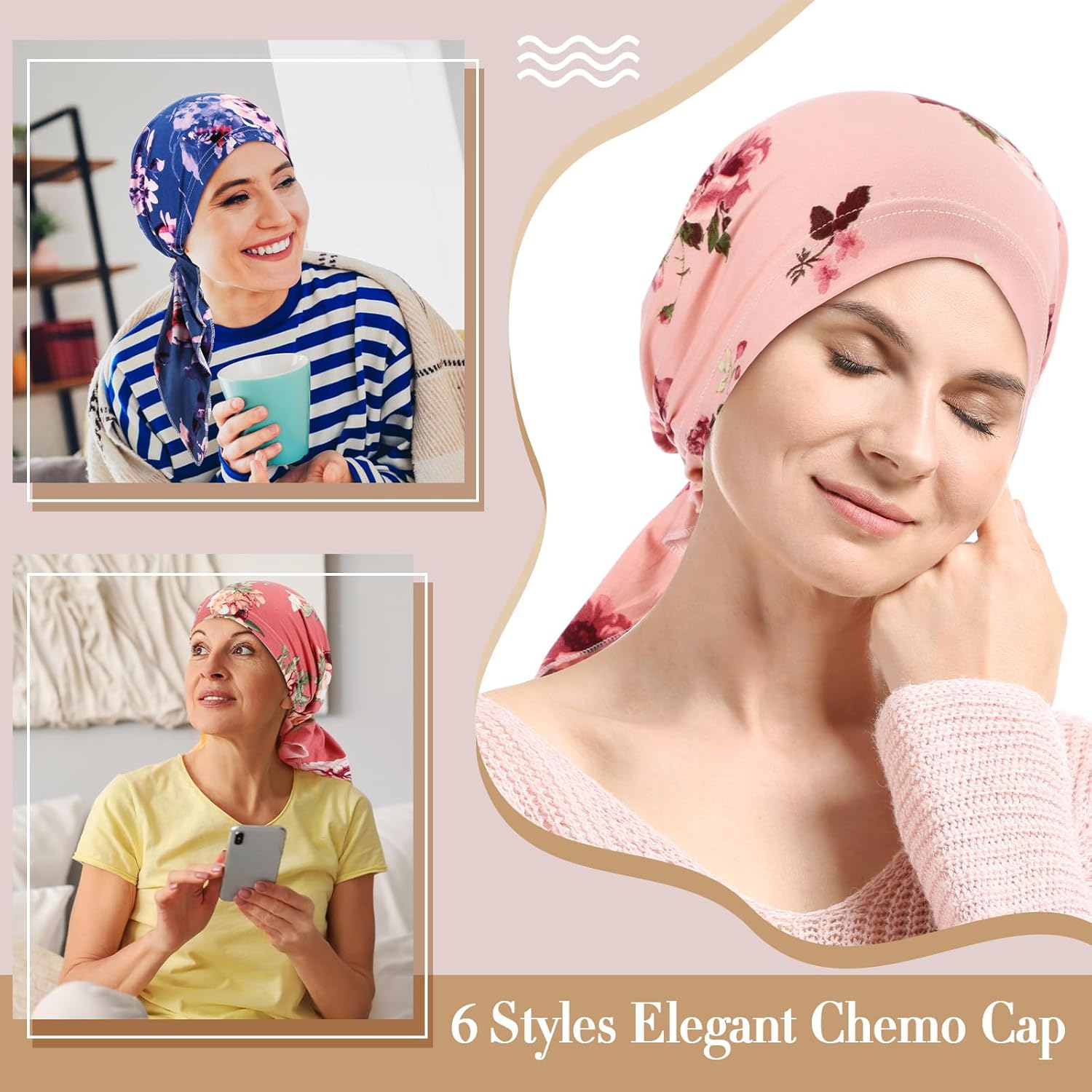 6 Pcs Chemo Headwear for Women Pre Tied Head Scarf Beanies Cover Cap Lightweight Stretch Ruffle Print Turban Hat - Image 6