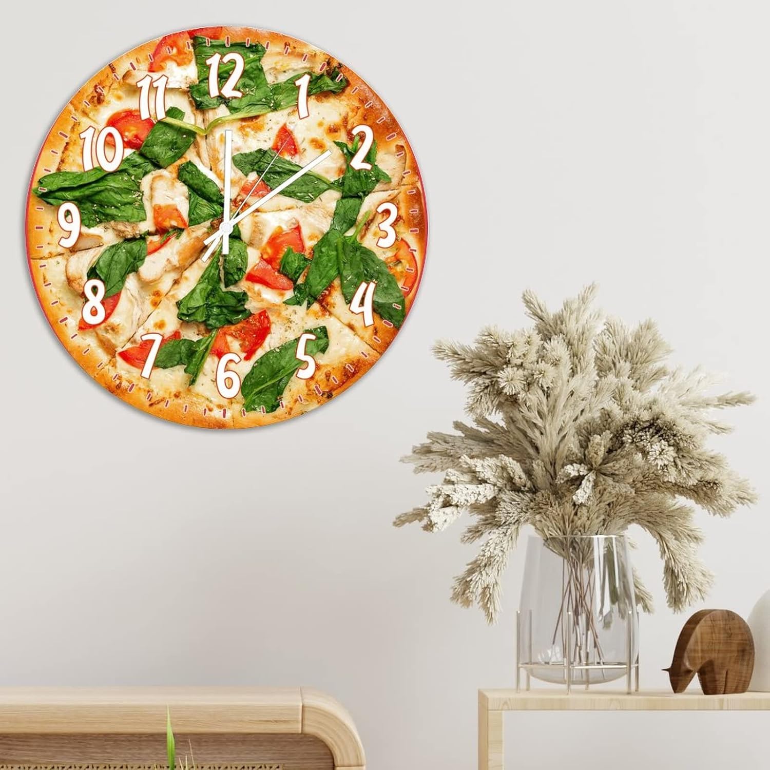 Italian Pizza with Mozzarella Wooden Clock Battery Operated Wall Clocks Food Kitchen Decor Clock for Kitchen Bedroom Office Restaurant Wall Decor 15Inch Round Clock Birthday Housewarming Gift