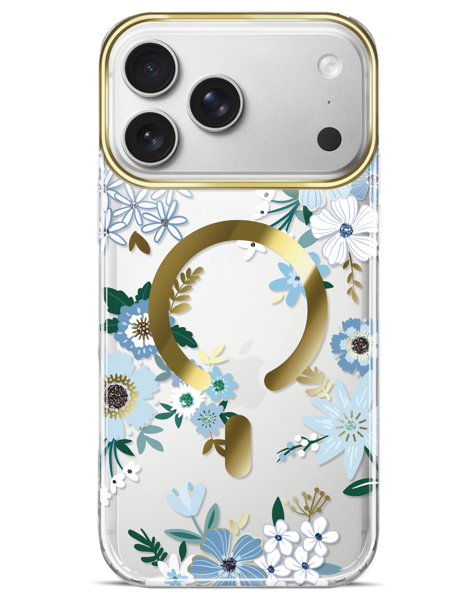 JIAXIUFEN Magnetic Designed Clear Case for iPhone 17 Pro Max 6.9", Compatible with MagSafe, Gold Plated Glitter Slim Shockproof Protective Women Girl Phone Case Flower Mint Blue