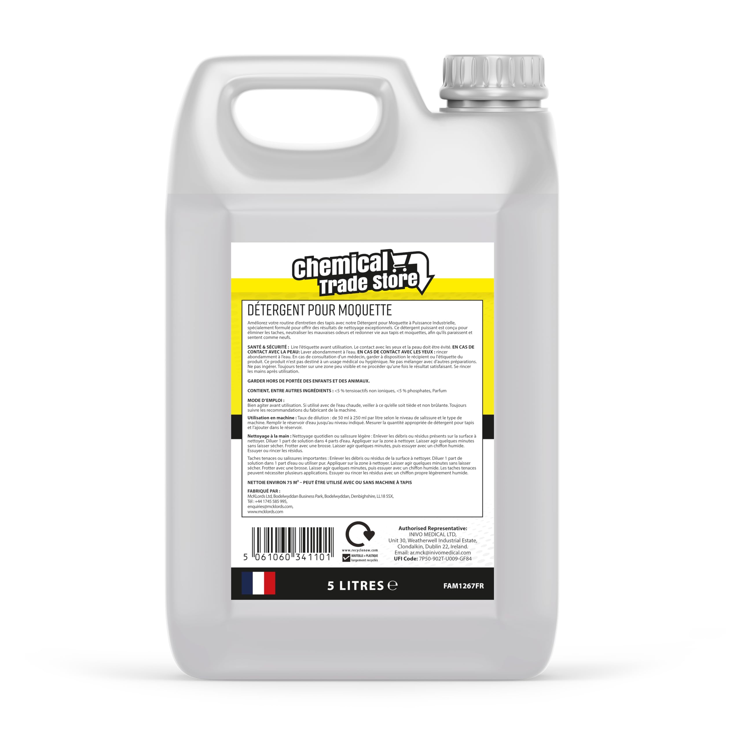 Shampoing Détergent Moquette 5 L - Nettoyant Profond pour Tapis, Moquettes, Tissus & Ameublement - Élimine les Taches et les Odeurs - Parfum Coton Frais