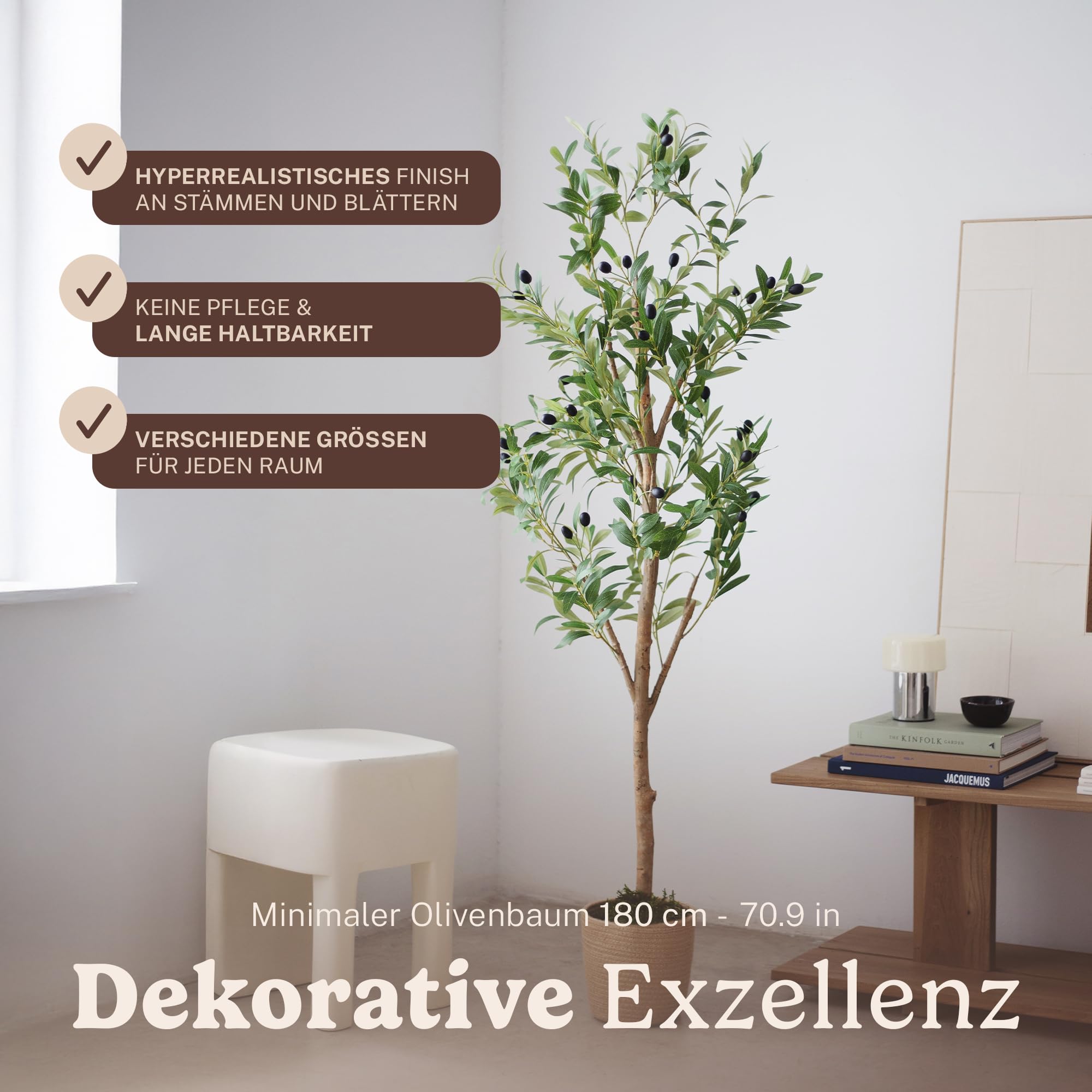 MAIA SHOP Olivenbaum Künstlich Minimal 180 cm - Kunstbaum wie Echt | Künstlicher Olivenbaum mit Naturholzstamm und Oliven für Wohnzimmer Flur Büro - Schwarzer Topf Inklusive