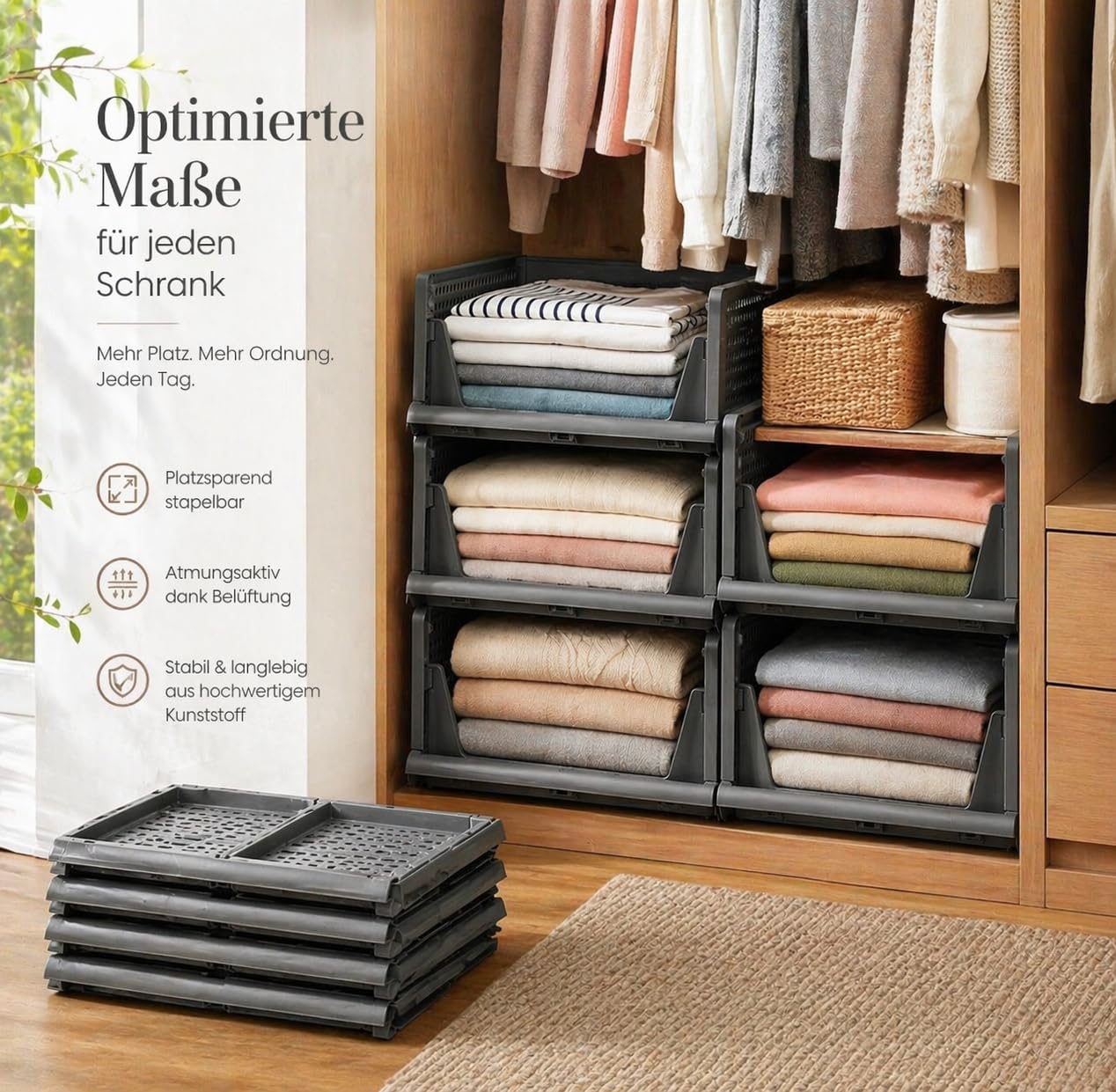 RMAN® Cassetti per Armadio Interno 4 set Organizer Armadio Plastic Contenitori per Armadio Salvaspazio per T-shirt, Biancheria Intima, Pantaloni, Calze, Grigio(40 x 30 x 68 cm)