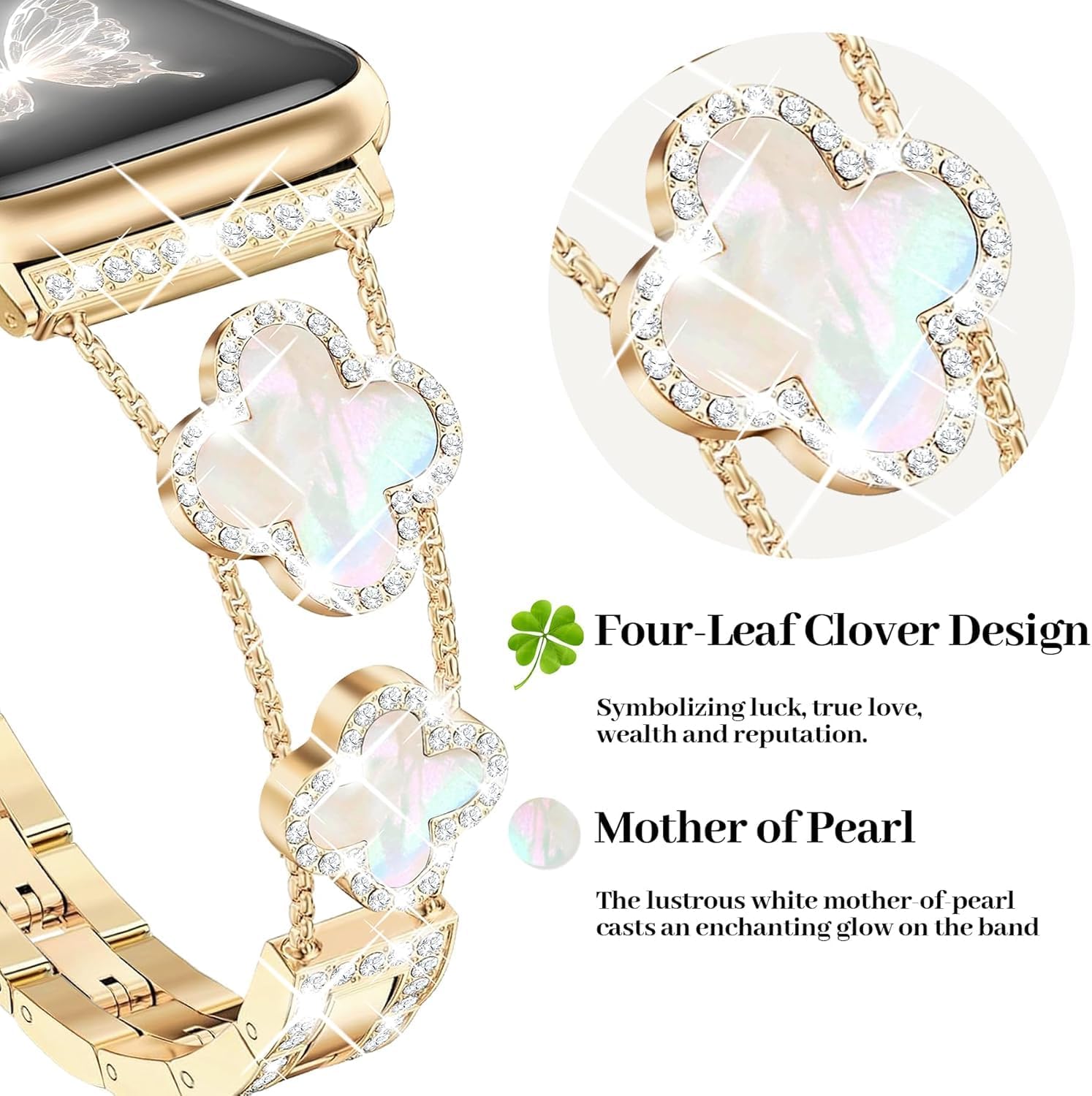 Gold Bling Diamond Clover Band & 18k golden 2Pc Bracelet Set Women Compatible with Apple Watch 42(S3/2/1)/44/45/46/49mm Sparkle Dressy Strap for iWatch Series 11/10/9/8/7/6/5/4/SE/Ultra3/2/1 - Image 2