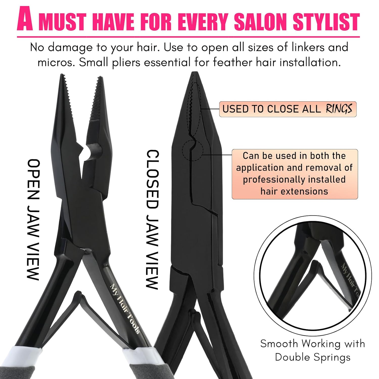 Hair Extension Tools Kit Includes Micro Beads Remover & Crimping Pliers set, Stainless Steel Micro Rings Pulling Hook & Loop Tool Packed in Soft Case (Black with Rubber Grip)