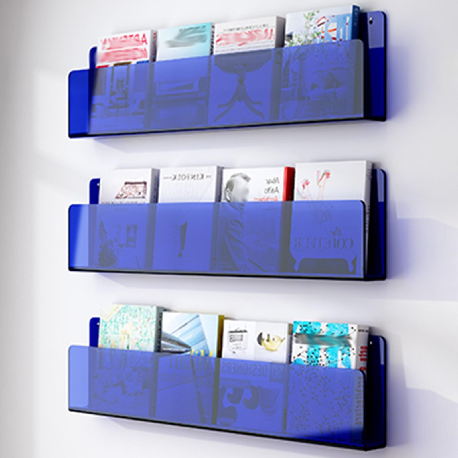 Fhslkxim 3 Pack Blue Clear Acrylic Wall-Mounted Magazine Holder - Stylish Literature Display Stand For Home Office, Versatile Brochure Rack For Books, Comics, Catalogs & Records - Space-Savin,,W 120Cm/47.2In