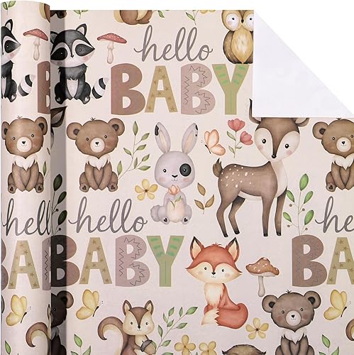 Miniatura 2 de WRAPAHOLIC Rollo de papel kraft para baby shower, mini rollo, 17 pulgadas x 16.5 pies, papel de regalo de animales del bosque pequeño para baby