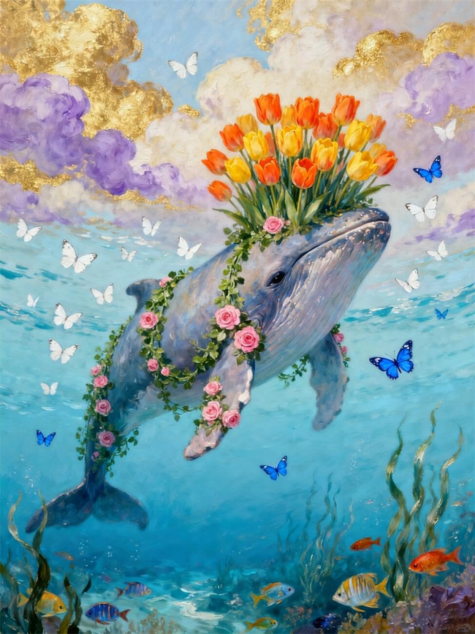 RKFLGEW DIY Embroidery Set Watercolor Whale 40x50cm