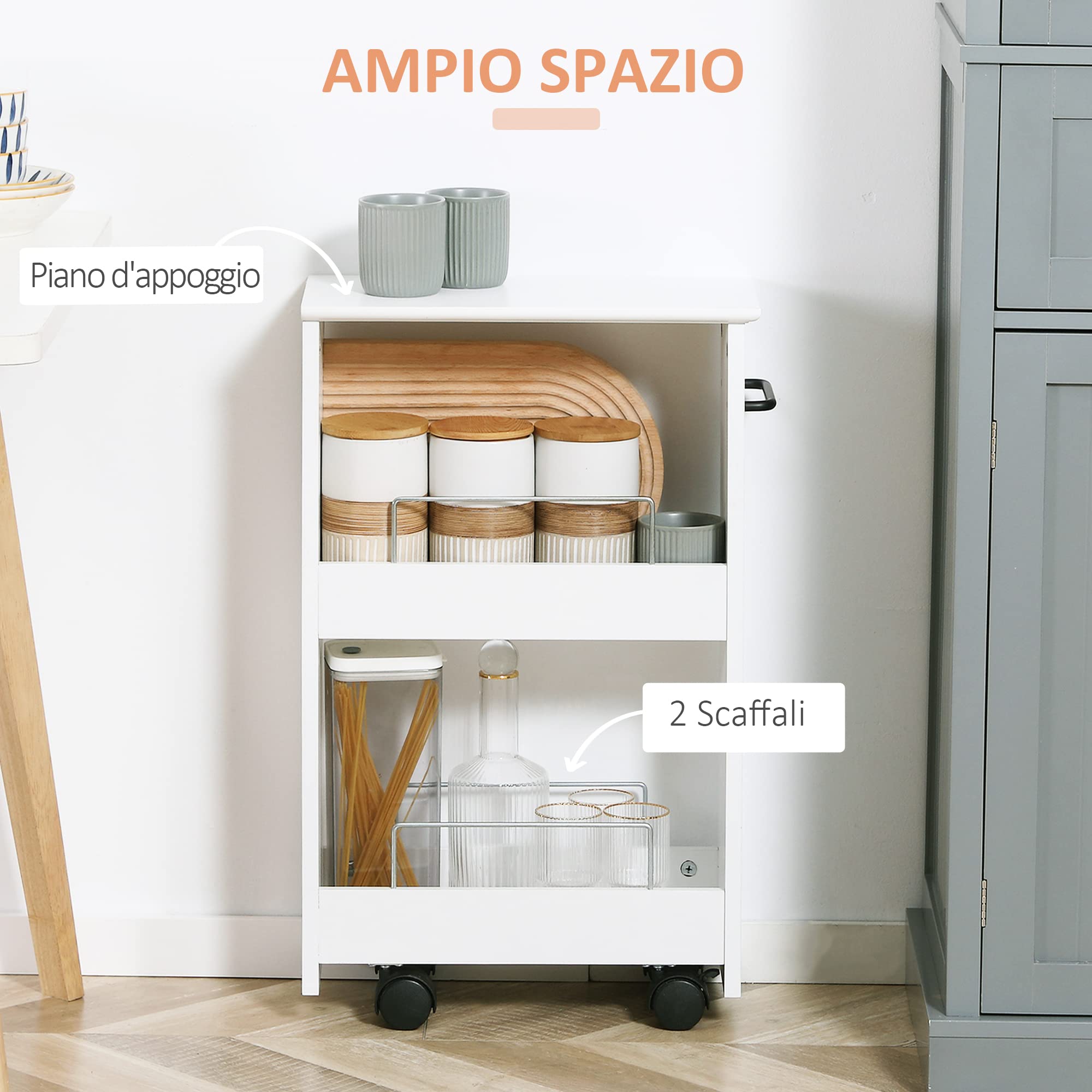 kleankin Carrello da Cucina Salvaspazio, Carrello da Bagno di Design, Multiuso, Salvaspazio, Scaffale in Legno MDF, Ruote Girevoli e Maniglia, 42.5x20.3x66.7cm, Bianco