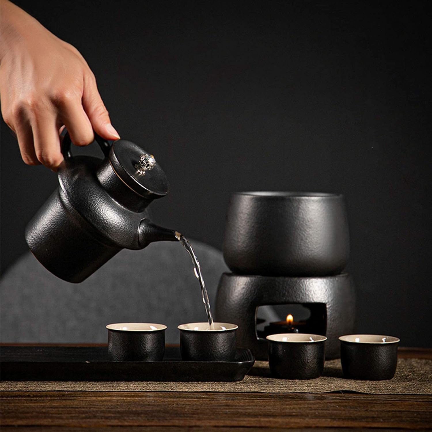 アップグレード酒セット ウォーマー付き、陶器ホットセット 8点 キャンドルストーブ1個、保温マグ1個、酒ポット1個、酒カップ4個、ト