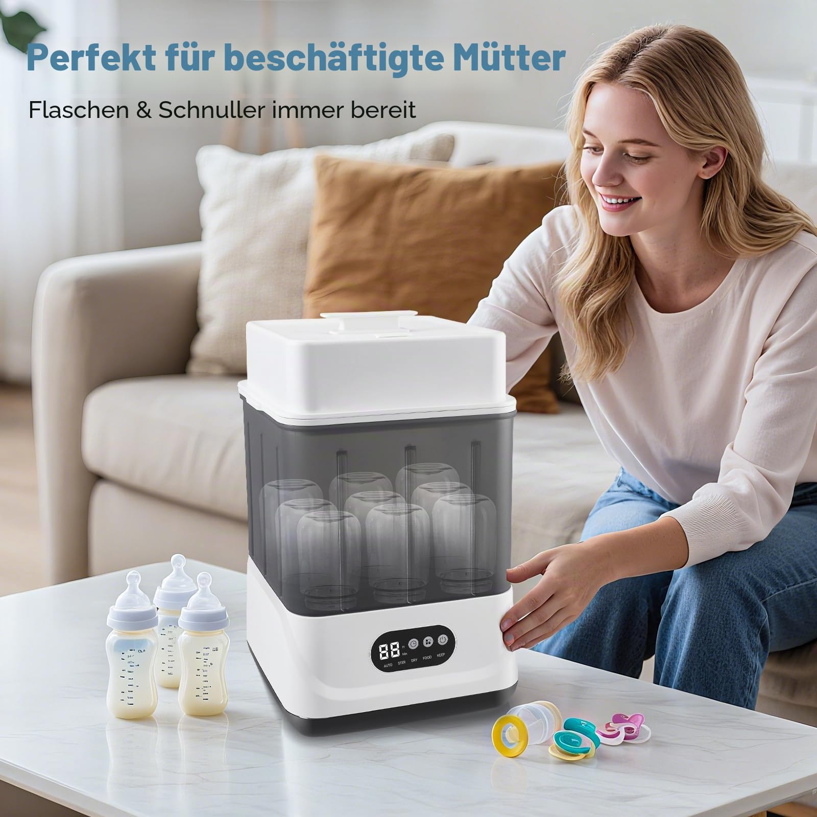 Babyflaschen Sterilisator und Trockner, Sterilisator für Babyflaschen mit Trocknerfunktion Sterilisiert, Trocknet & Heizt,Schnuller-Sterilisator und Selbstabschaltung, 9 Flaschen Kapazität