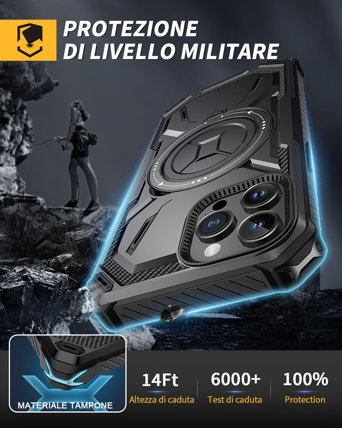 Lanhiem Cover iPhone 13 Pro Max con 2 Pezzi Vetro Temperato, Supporto Magnetico Anello a 360° Protezione 6FT Antiurto Anticaduta Militare Armor Protezione, Custodia iPhone 13 Pro Max, Nero