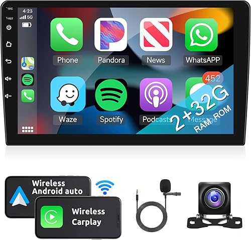 Soporte estéreo para coche Android inalámbrico Carplay y Android Auto doble DIN radio de coche 2+32G con pantalla táctil de 9 pulgadas, navegación