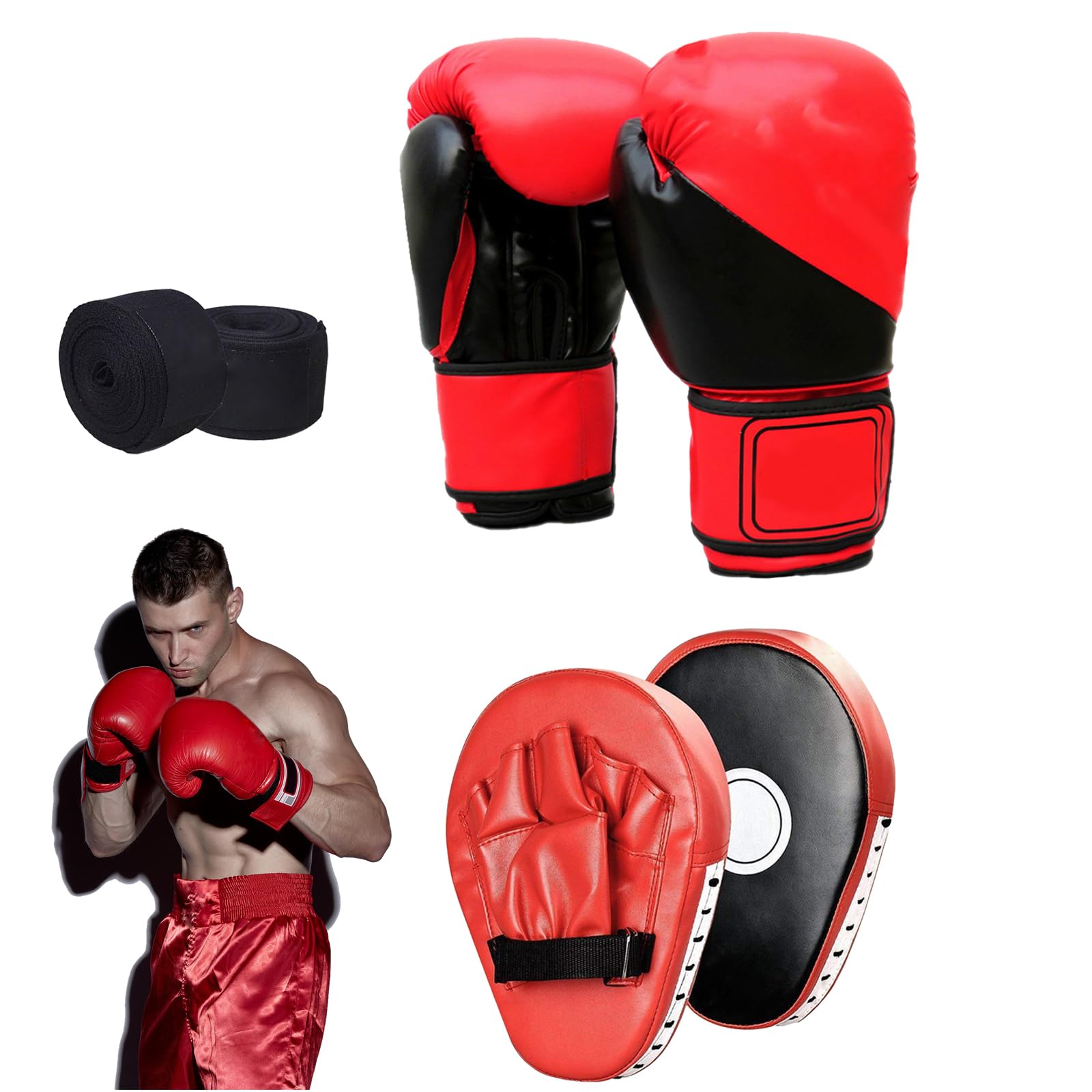 Boxen Training Set, 1 Paar 6 oz Boxhandschuhe und 1 Paar Pratzen für Muay Thai Box Pratzen PU Handpratzen Boxpratzen Boxpads Mitts Boxhandschuhe Set für Kinder Boxausrüstung für Kickboxen
