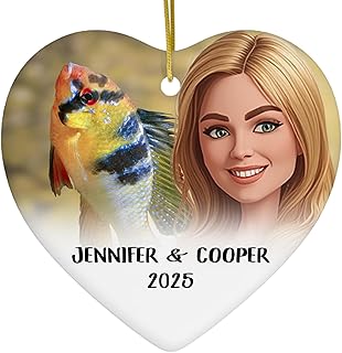 Custom Photo Pet & Owner Portrait Personalized Bolivian Ram Cichlid Christmas Ornament Heart Ceramic - Holiday Keepsake Memorial Gifts for Ram Fish Lovers