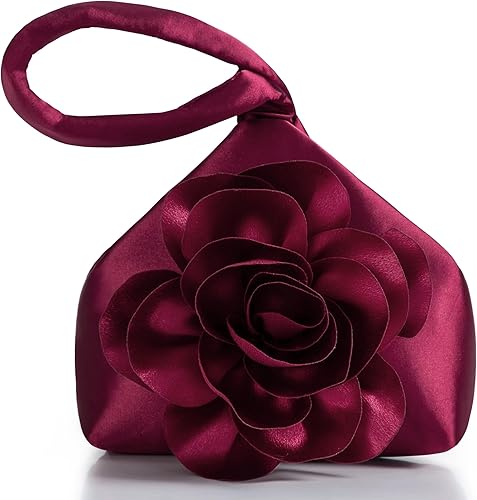 BABEYOND Bolsos de mano para mujer, bolsos de noche de satén con flores, bolso de pulsera elegante para fiestas, uso diario, boda Rojo,Negro,negro