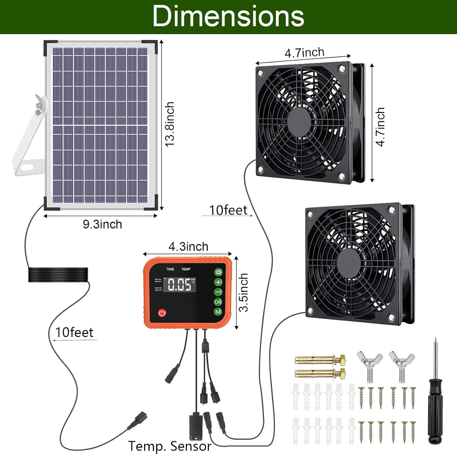 Lewisia 10W Solar Powered Fan with Timer & Temperature Control IPX5 Weatherproof Dual Fan Solar Exhaust Intake Cooling Ventilation for Chicken Coop Greenhouse Shed Pet House Garage