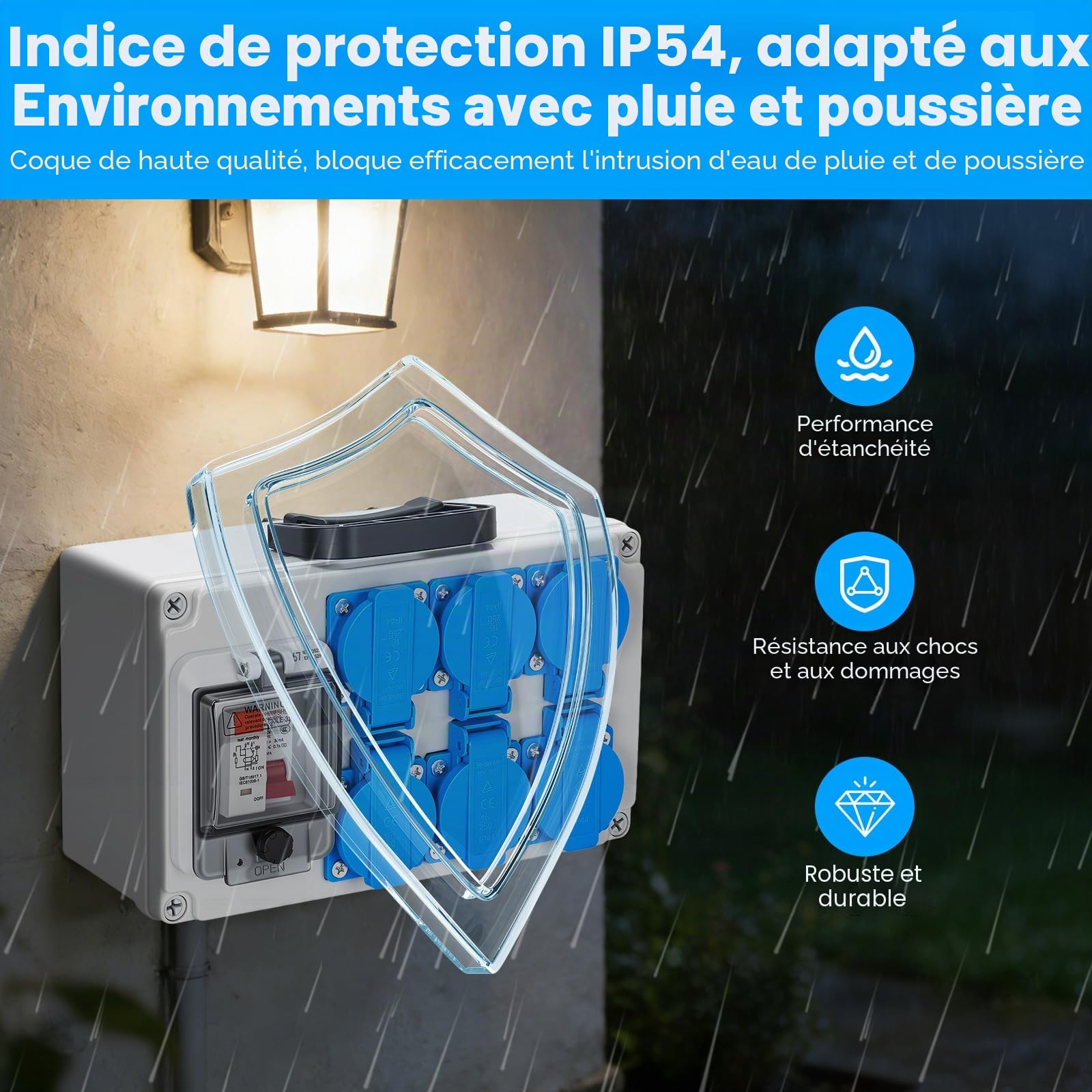 Coffret de chantier 16A IP67 avec 6 prises Schuko & interrupteur différentiel 30mA, Boîtier de distribution électrique 230V, Réglette étanche murale avec disjoncteur de protection