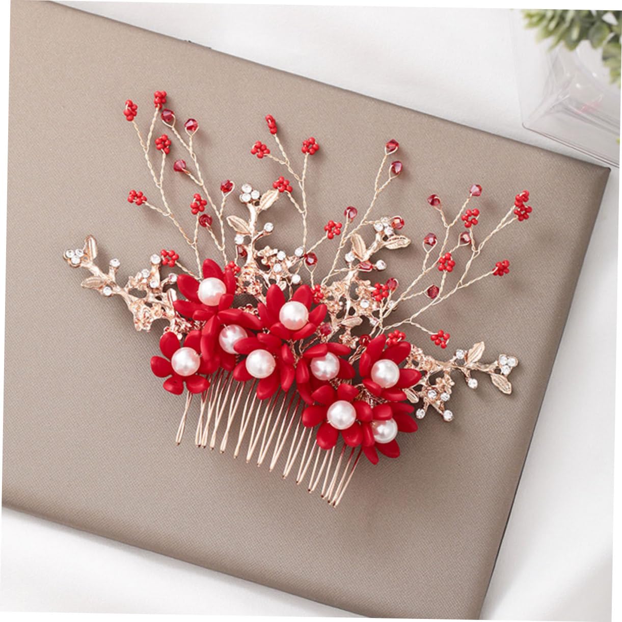 minkissy 3pezzi Pettinino Per Perle Fatte Mano Accessori Da Sposa Eleganti Per Matrimoni e Feste Design Floreale Rosso Per Donne e Ragazze