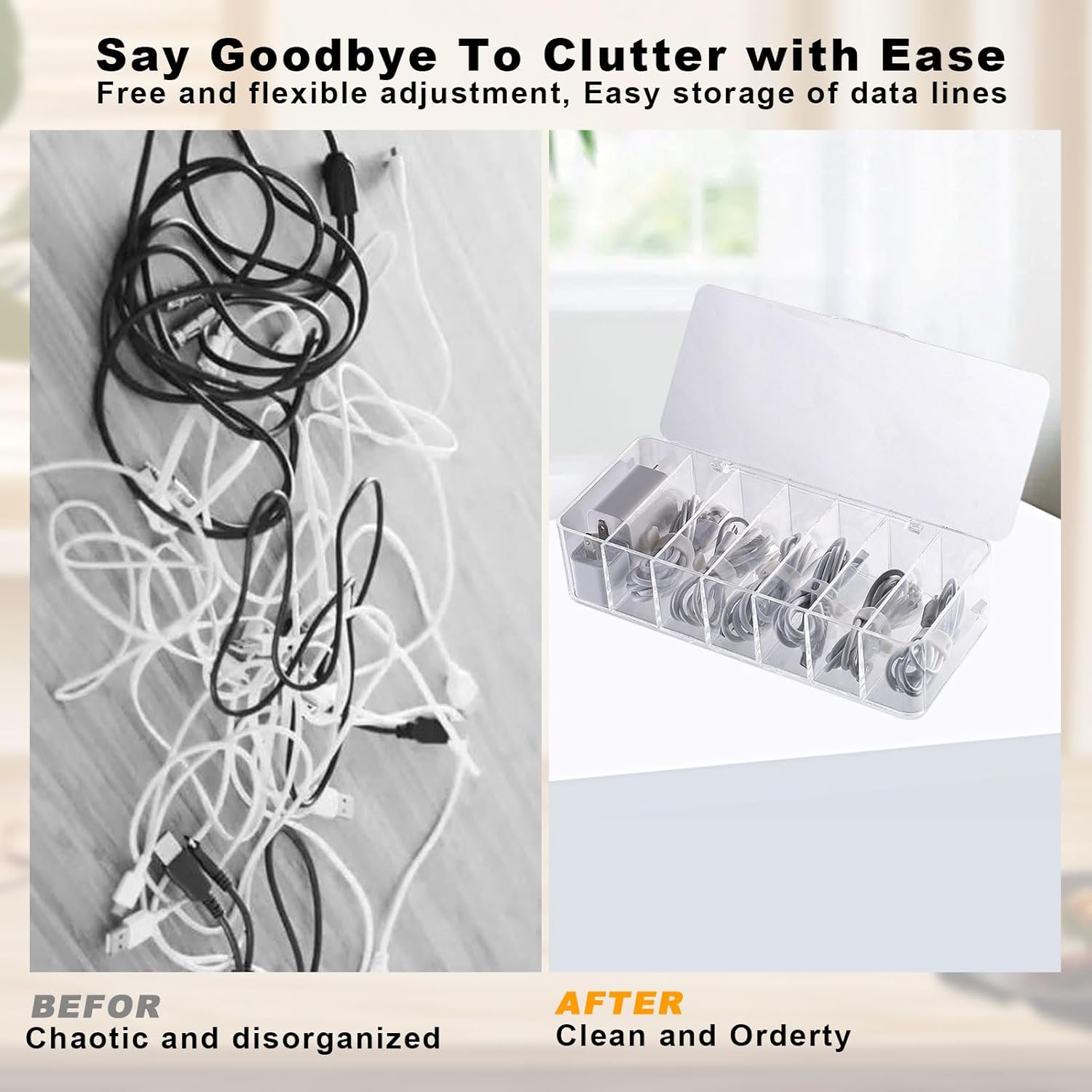 2Pcs Cable Organizer Box with 20 Wire Ties, Clear Plastic 7 Compartments Cord Storage Box with Lid Electronics Organizer for Home Office Desk Organizers and Accessories