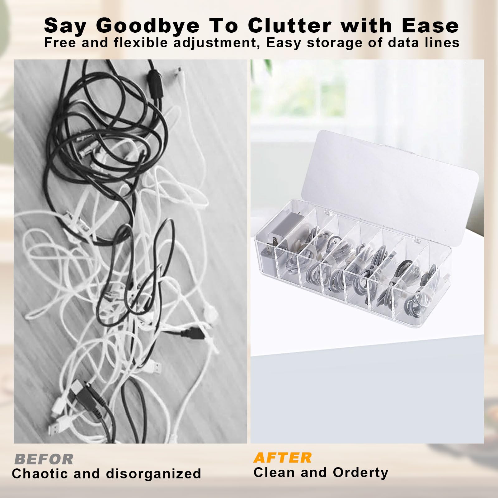 2er Set Kabel-Organizer Box - Transparent Mit 7 Verstellbaren Fächern Für Büro & Zuhause