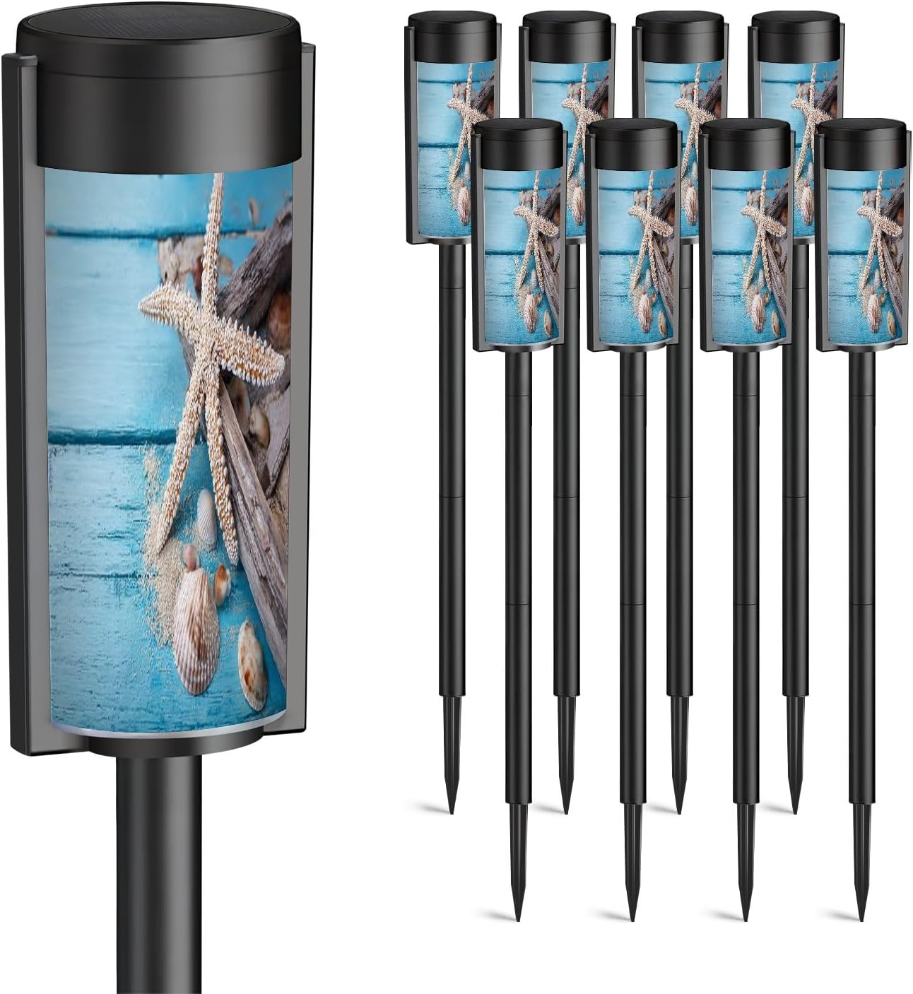 8 Pack Solar Pathway Lights Outdoor Waterproof Seashells Sand Blue Wooden Solar Garden Lights LED Landscape Lighting for Yard Walkway Lawn Garden Decor