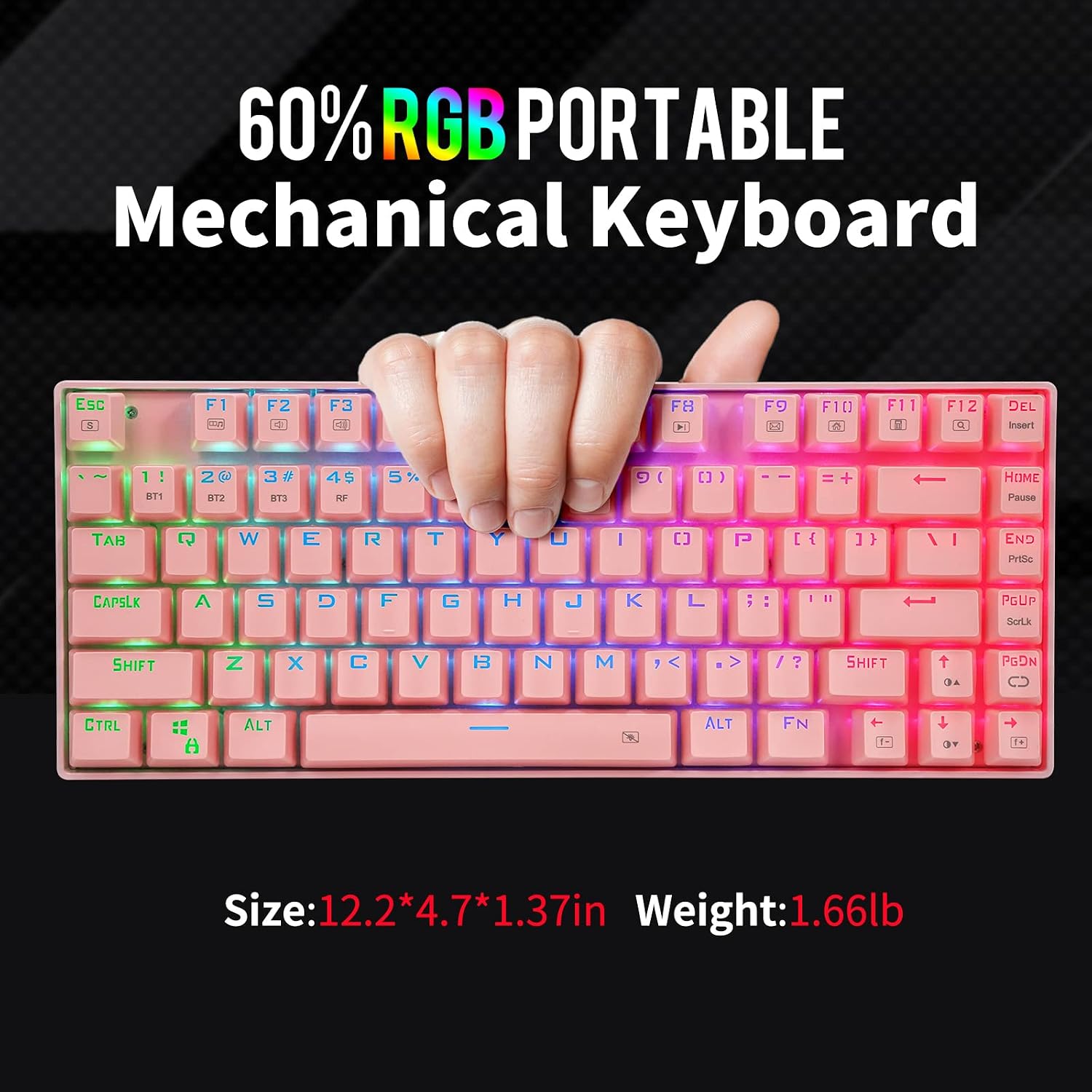HUO JI Wireless RGB Mechanical Keyboard，Bluetooth/2.4Ghz/Wired Z-88 Gaming Keyboard with Clicky Blue Switches RGB LED Backlit 81 Keys Compact for Mac, PC, Pink