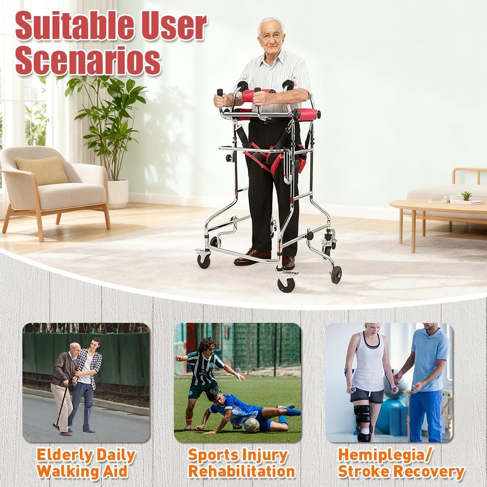 Standing Rehabilitation Walker for Adults – Upright Mobility Aid for Stroke Recovery & Hemiplegia Therapy, Adjustable Support Frame with 8 Wheels, Anti-Tilt Design (Standard Version (No Hand Brake))