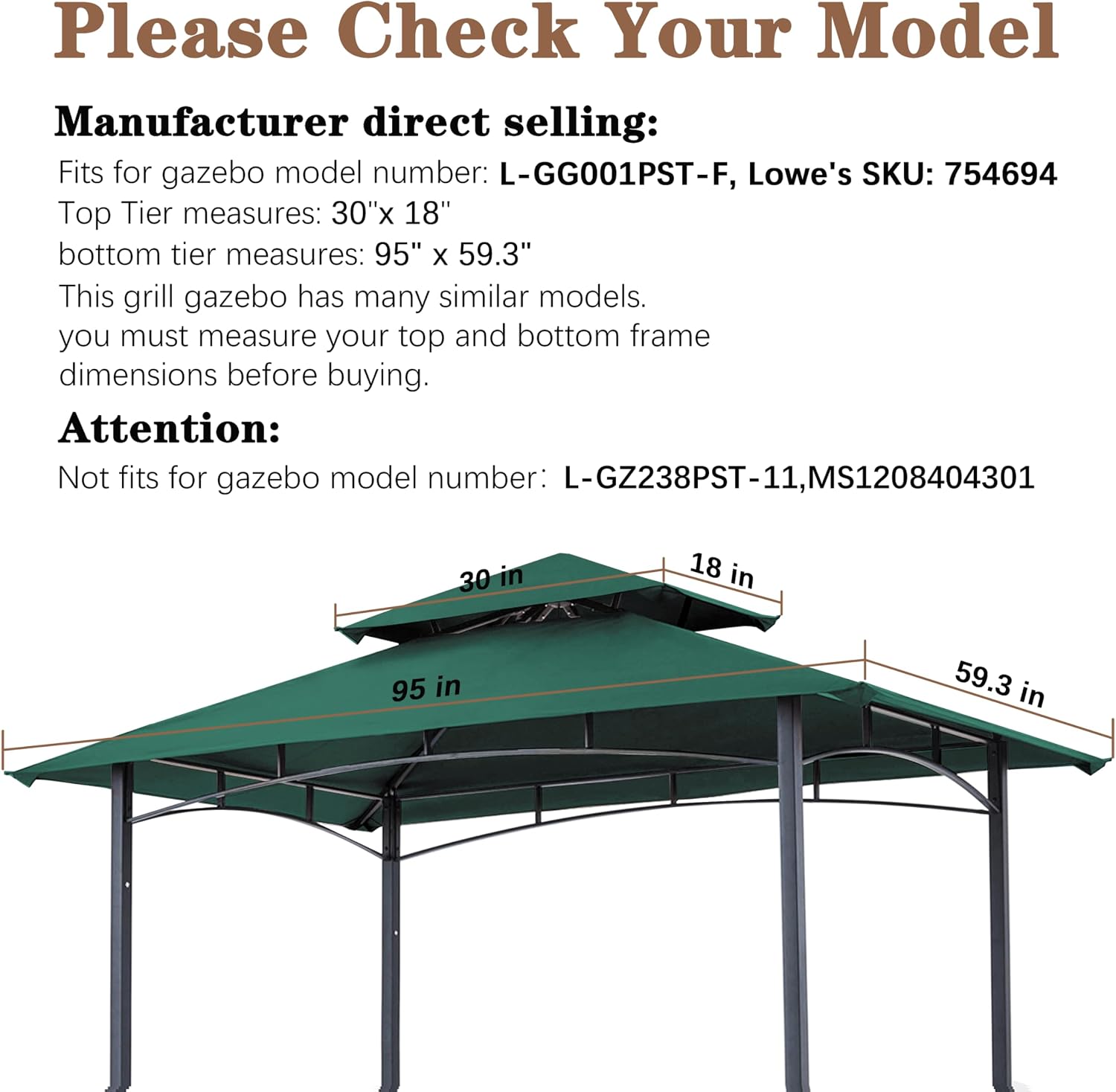 SCOCANOPY Heavy Duty 5 X 8 Grill Gazebo Cover Double Layer Waterproof BBQ Replacement Top Fits for L-GG001PST-F,L-GG001PST-H,L-GG001PST-F2,(Forest Green)