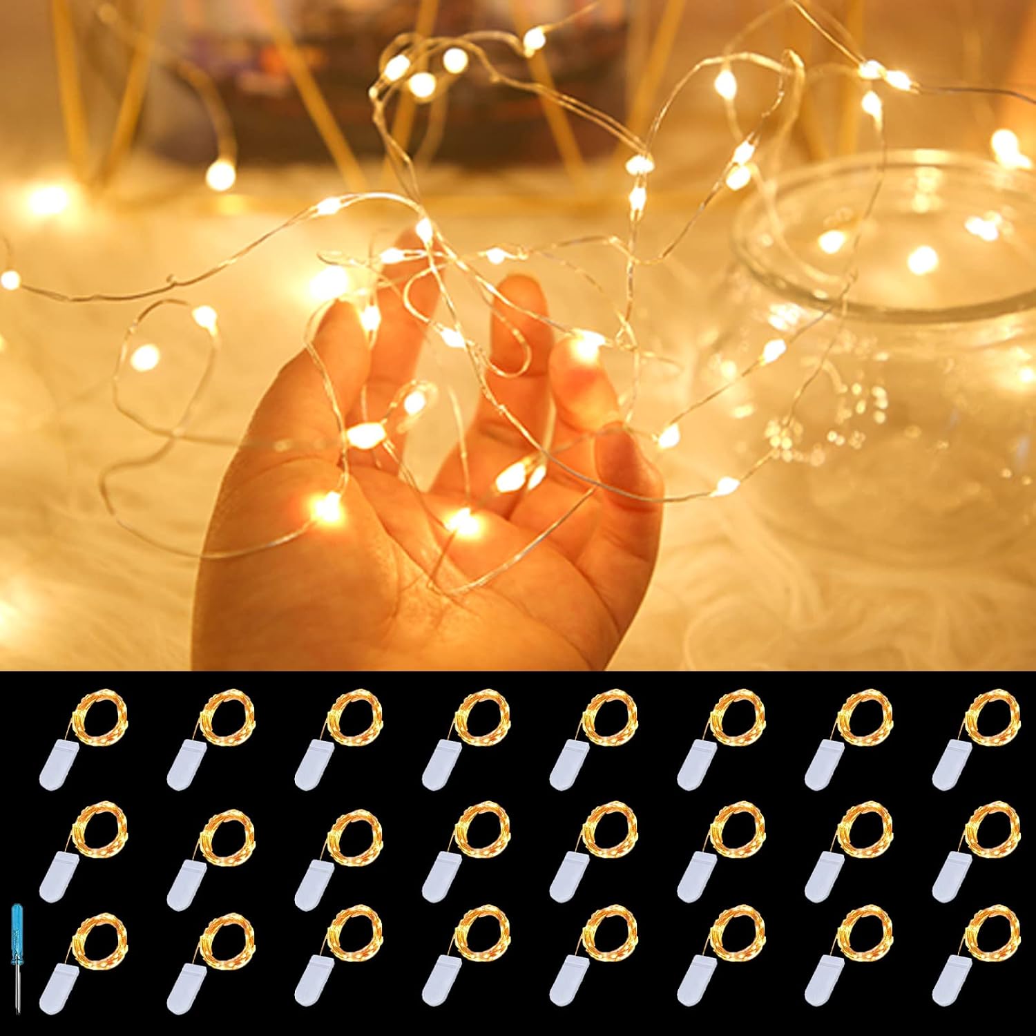 ZOUTOG 24 Pack LED Fairy Lights Battery Operated, String Twinkle Lights for Bedroom, Waterproof 6.6ft 20 LED Battery Lights for DIY Wedding Party Valentine's Day Gifts Romantic Decoration, Warm White