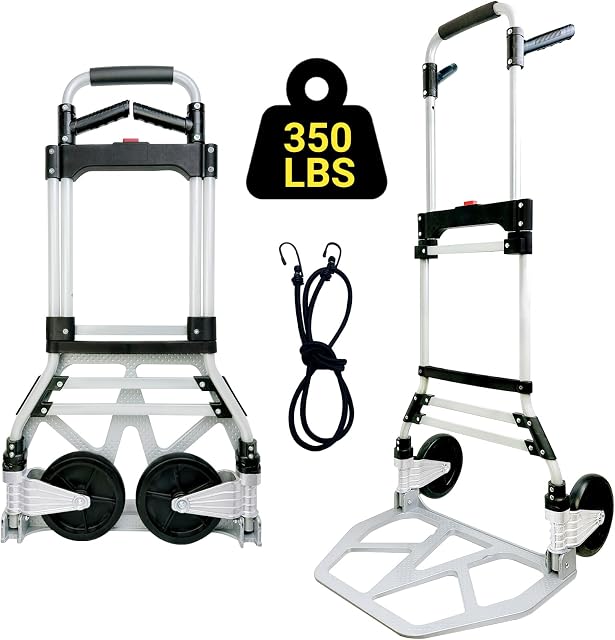 350LBS Chariot à main pliant, chariot portable en aluminium Chariot utilitaire lourd avec poignée pivotante, poignée télescopique, cordon élastique, 7-inch Grandes roues pour la maison, Shopping, Bureau