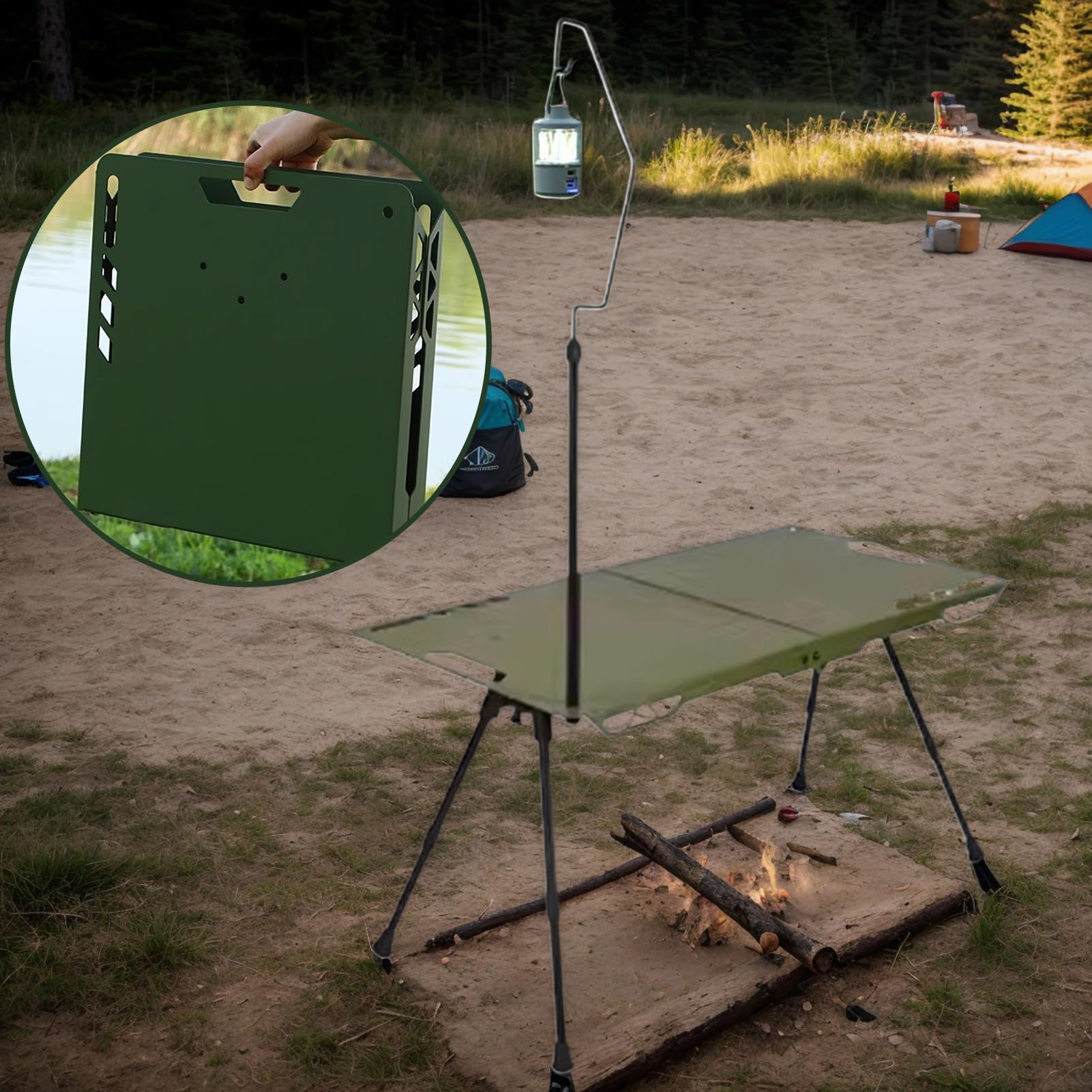 Wyposażenie Kempingowe Stół o regulowanej wysokości z uchwytem na lampę | Stolik grillowy na świeżym powietrzu Na zewnątrz, na plażę, taras, podwórko, balkon, ogród, tailgating, podróże kamperem,