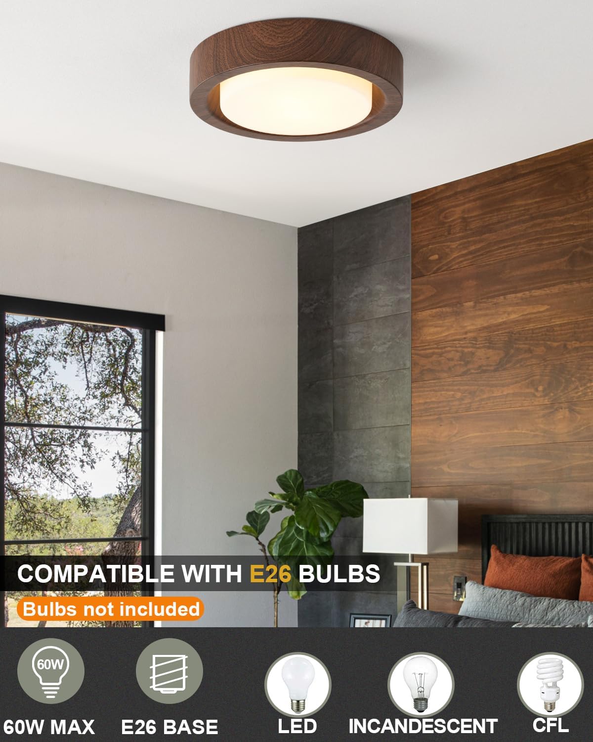 Walnut Wood Flush Mount Ceiling Light Fixture,13 Inch Ceiling Light with Frosted Glass Shade,High Deep Profile Round Ceiling Lights for Hallway Bedroom Closet Livingroom