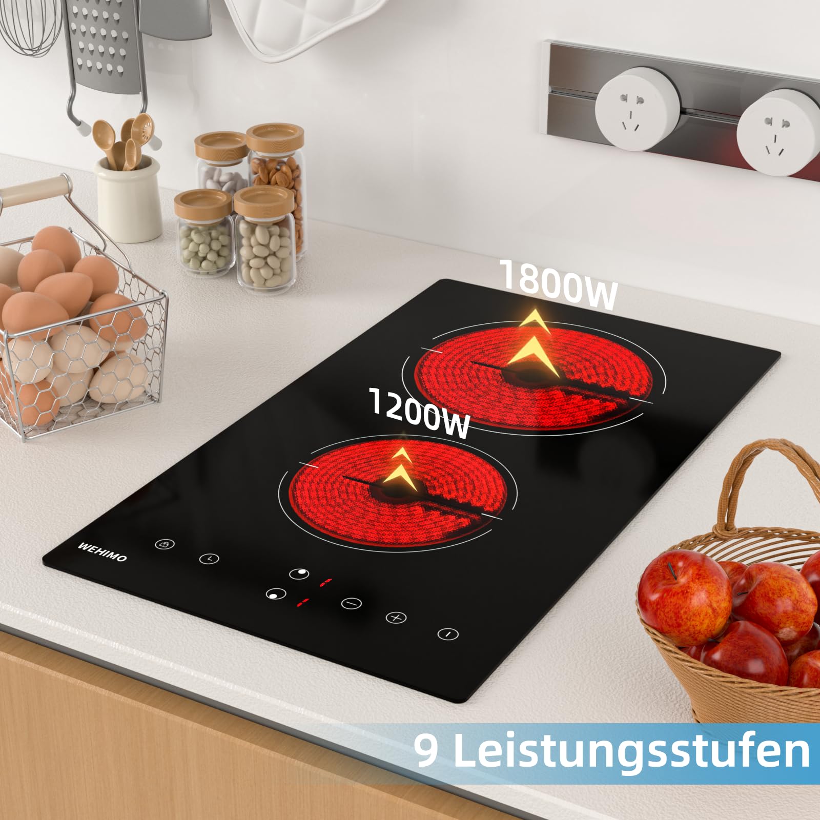 WEHIMO Glaskeramikkochfeld 2 Platten 3000W 29.5cm Domino Kochzonen Berührungssteuerung Kindersicherung Timer