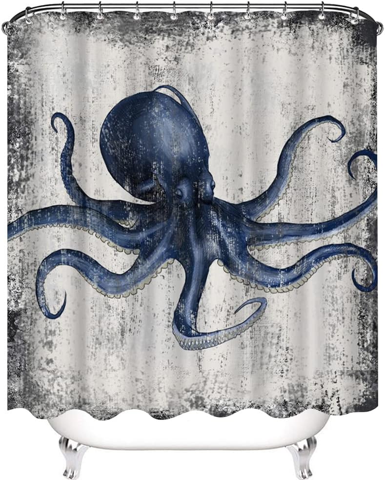 Nautical Octopus Shower Curtain Animal Bathroom Decor Set with Hooks 72x72in