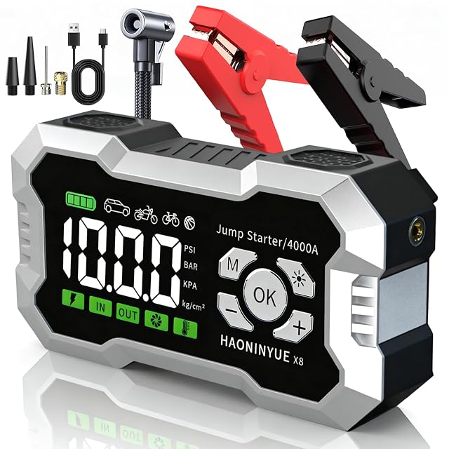 Car Jump Starter with Air Compressor 4000A Car Battery Jump Starter 150PSI Portable Tire Inflator 12V Jump Box