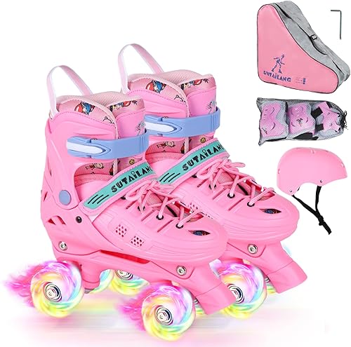 Patines de ruedas, patines ajustables con ruedas iluminadas para niñas, niños, adolescentes, principiantes y avanzados, con equipo protector y bolsa