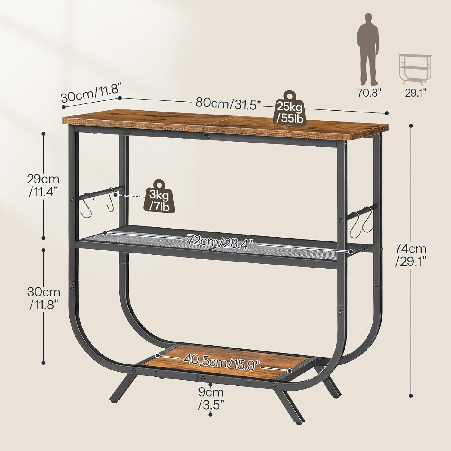 HOOBRO 3 Tier Small Console Table, 31.5" Entryway Table with Storage Shelf, Narrow Sofa Table, Behind Couch Table, Hallway Table with S-Hooks, for Living Room, Rustic Brown and Black BF63XG01